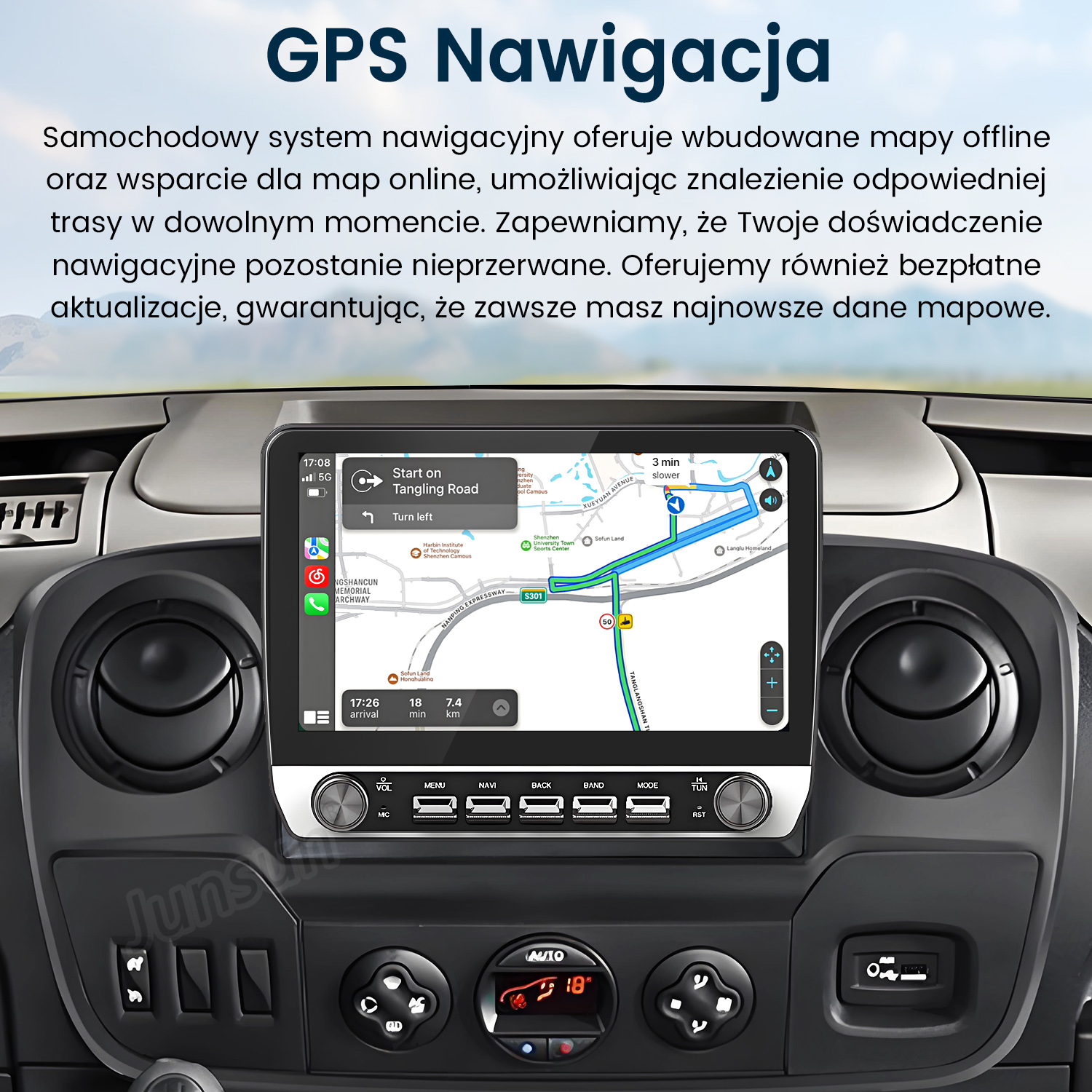 Ekran systemu nawigacji samochodowej pokazuje mapę ze wskazówkami trasy. Elementy sterowania deską rozdzielczą znajdują się poniżej.