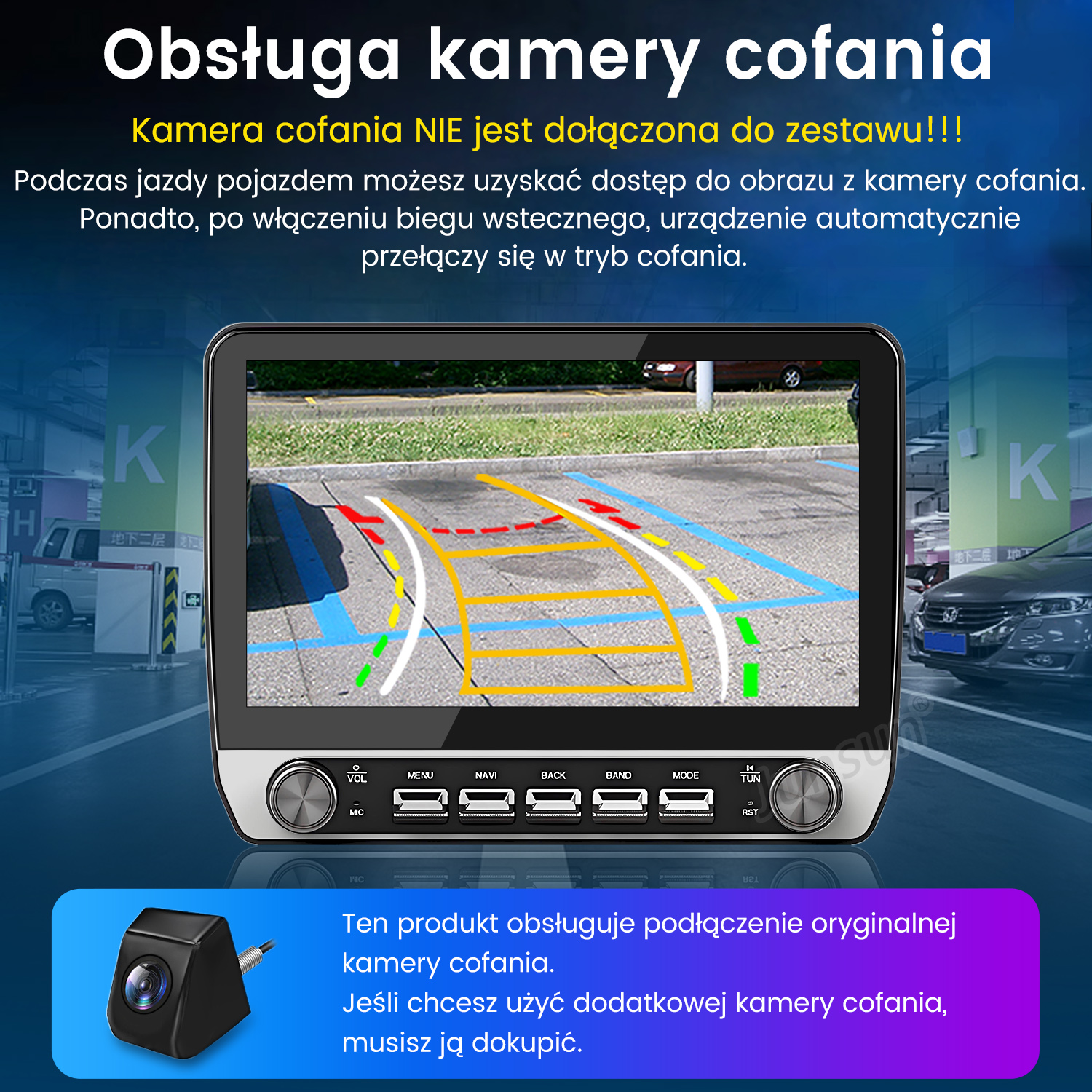 Ekran samochodu pokazujący linie parkowania. Kamera i polski tekst wyjaśniają funkcję kamery.
