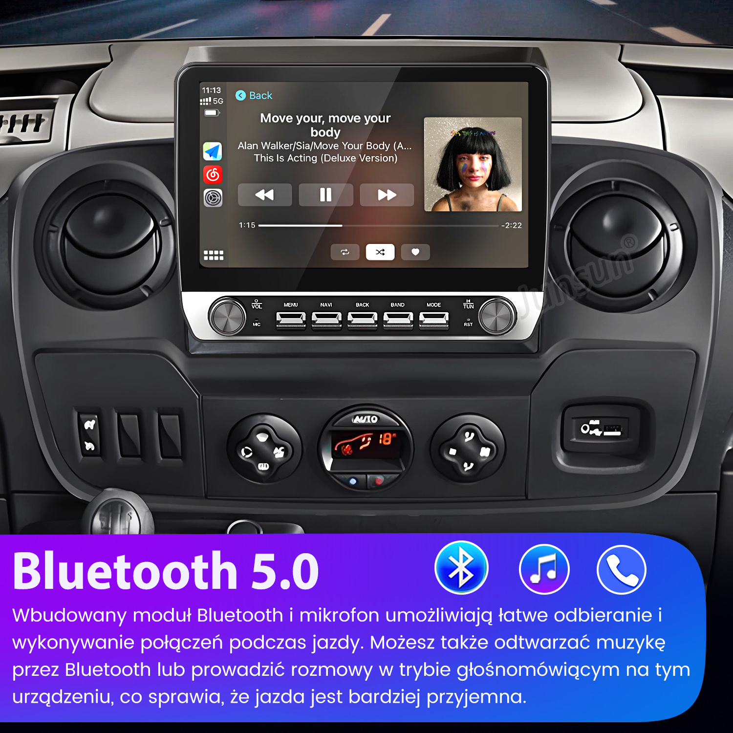 Radio samochodowe z muzyką, sterowaniem Bluetooth i wyświetlaczem z twarzą kobiety. Widoczne szczegóły deski rozdzielczej.