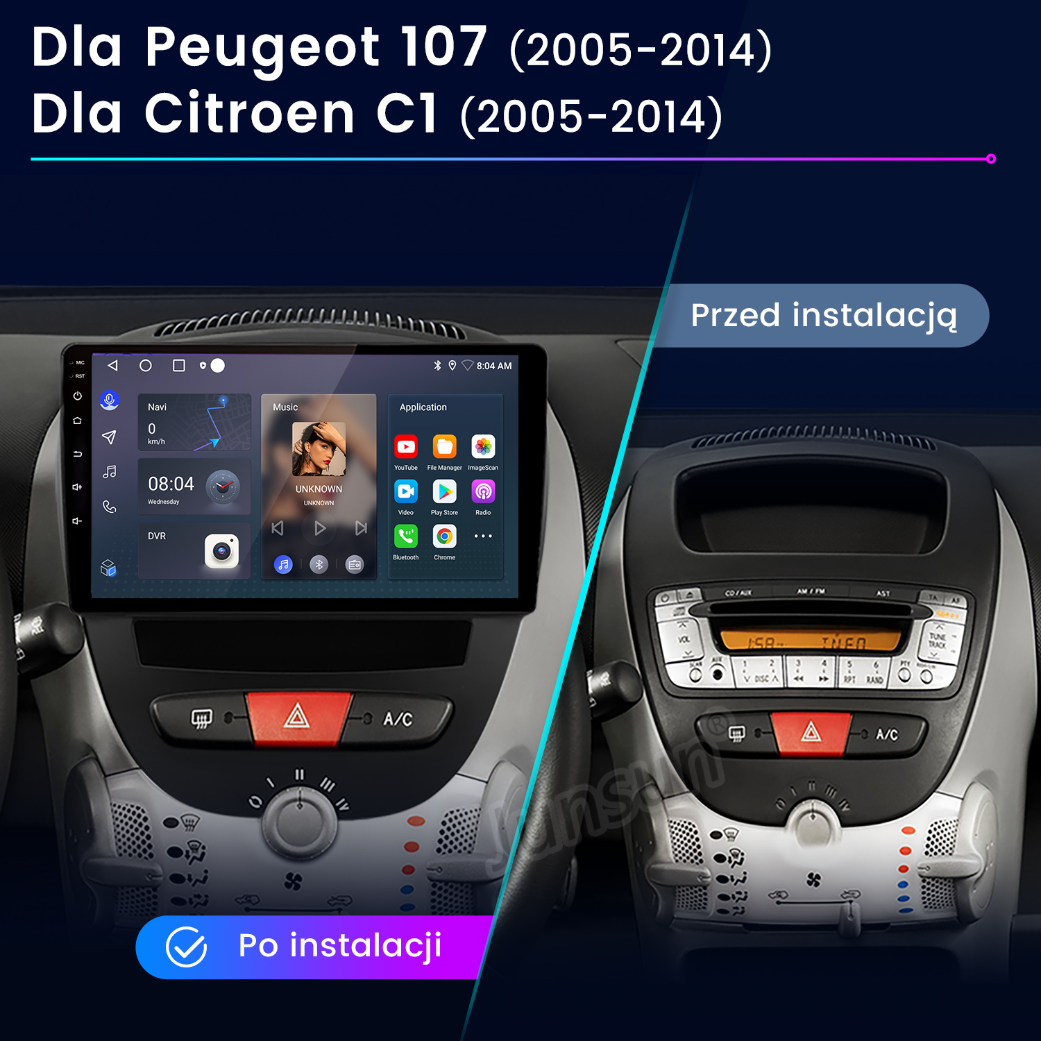 Wnętrze samochodu z nowym zainstalowanym ekranem, zastępującym stare radio. Lewa strona pokazuje nowy ekran. Prawa strona pokazuje stare radio.