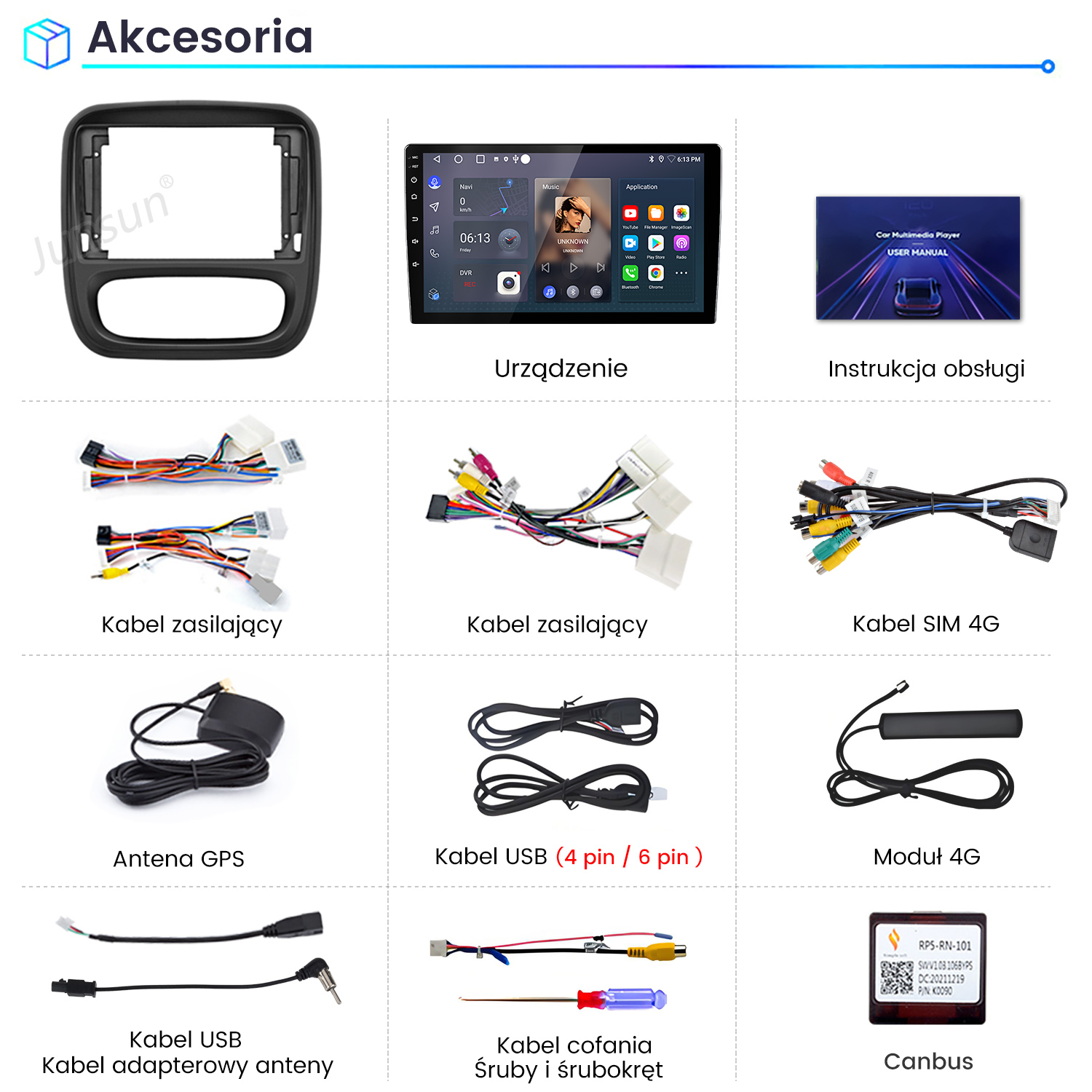 Akcesoria samochodowe z radiem, kablami, antenami i instrukcją obsługi.