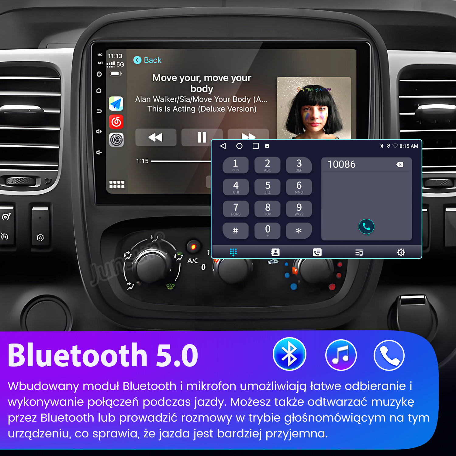 Ekran radia samochodowego z odtwarzaną muzyką i dialerem. Bluetooth 5.0 jest reklamowany pod ekranem.