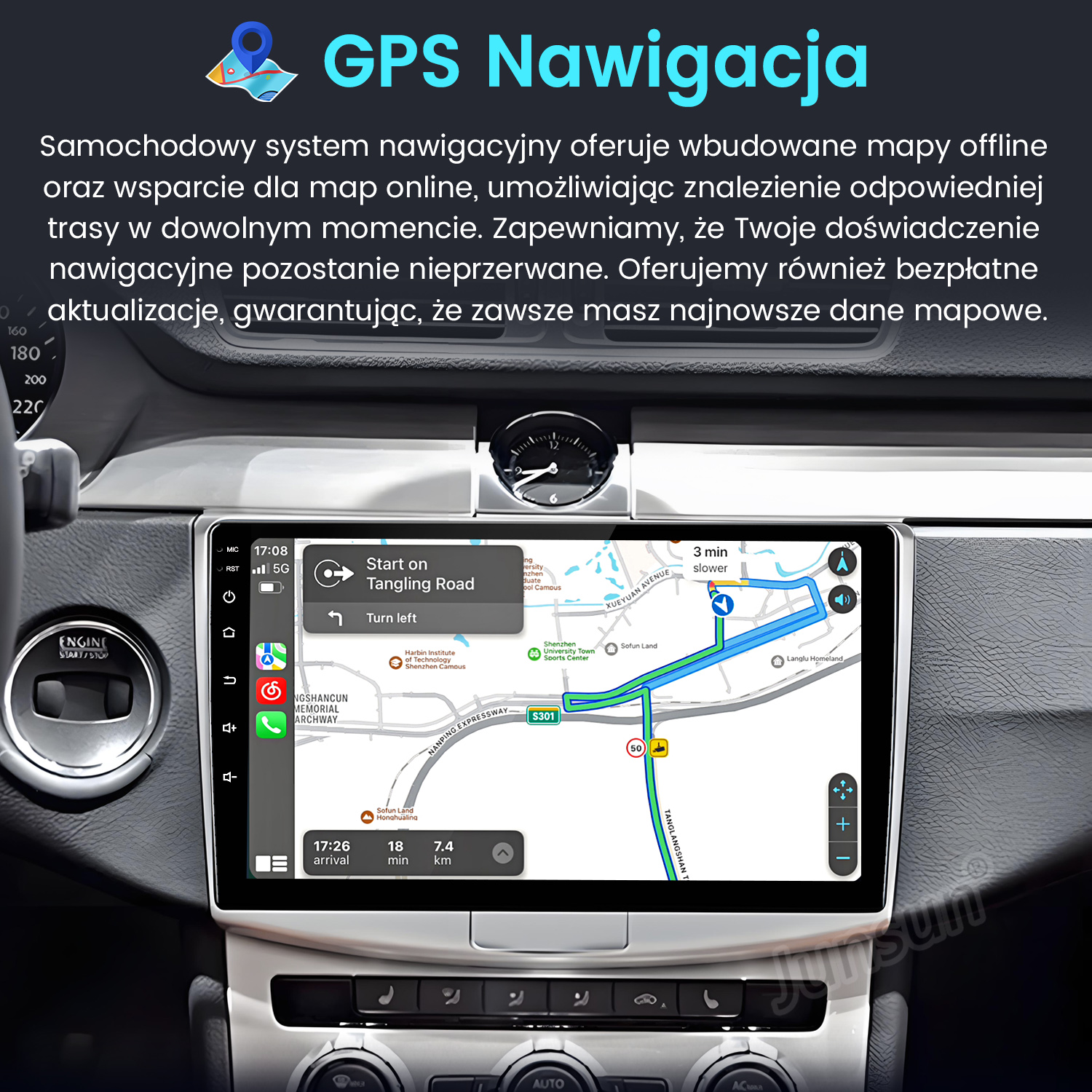 Deska rozdzielcza samochodu z nawigacją GPS, mapą, trasą, czasem i dystansem. Ekran jest włączony.