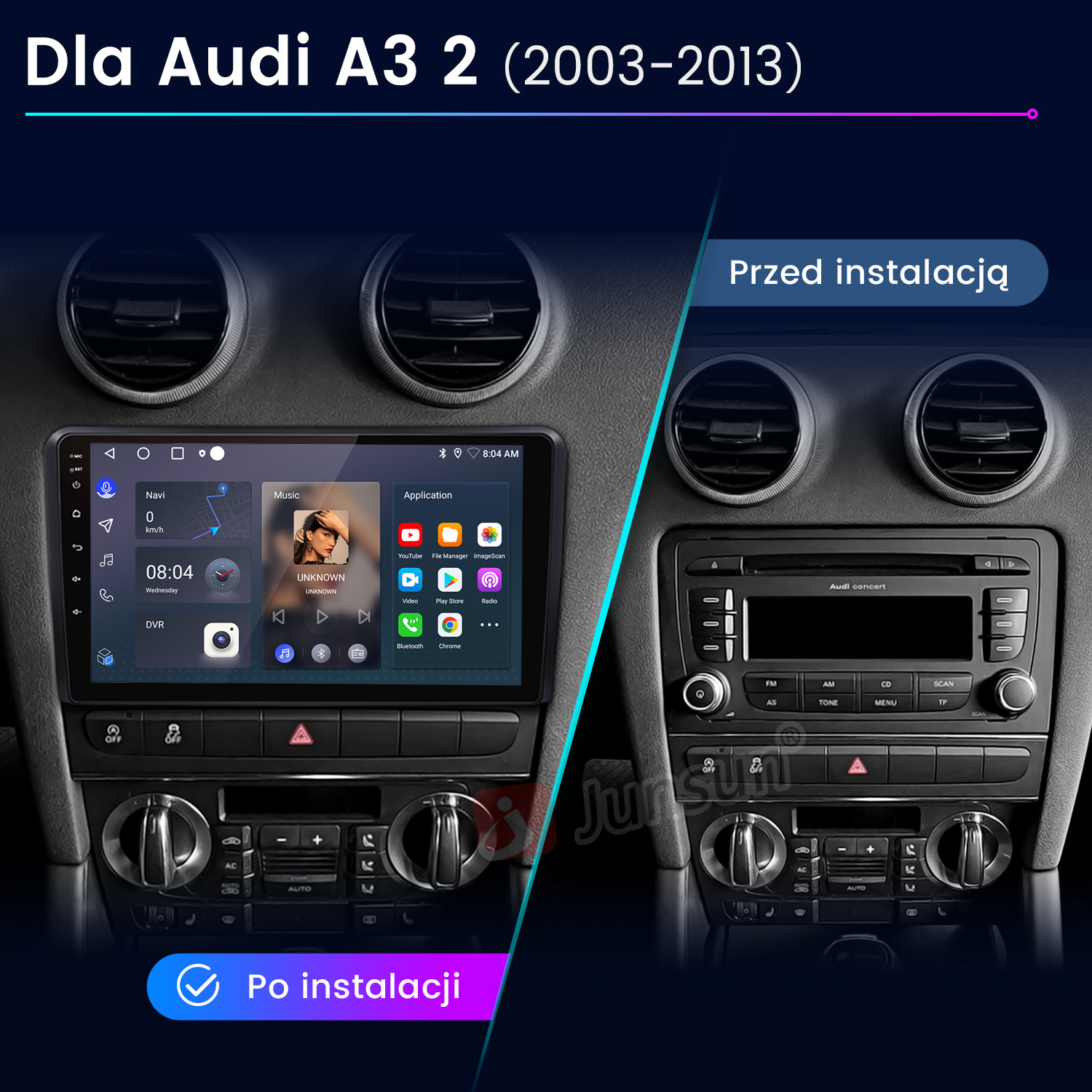 Porównanie deski rozdzielczej: stare radio vs. nowy ekran dotykowy. Pokazuje nawigację, muzykę i aplikacje na nowym ekranie.