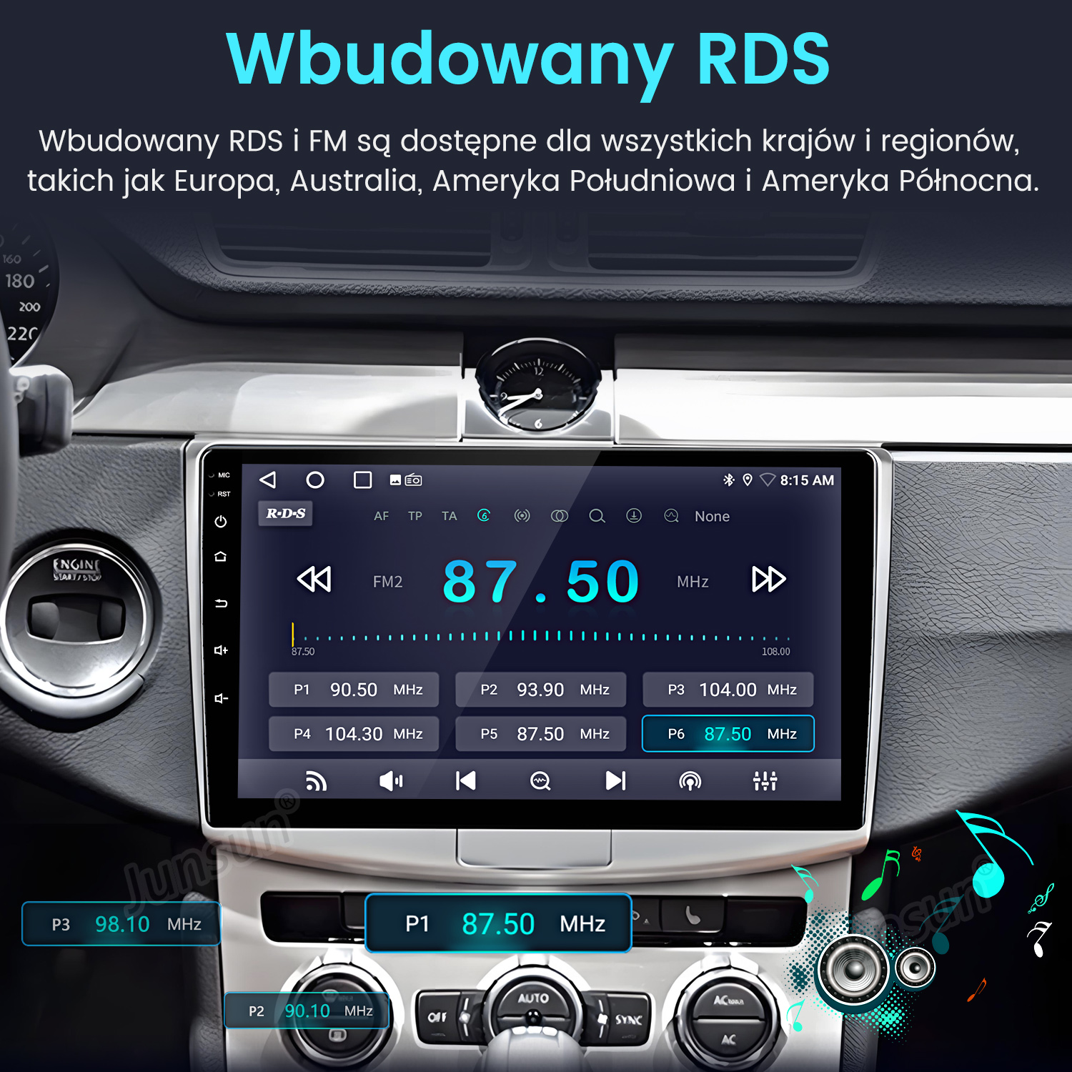 Deska rozdzielcza samochodu pokazująca ekran radia z częstotliwością 87,50 MHz, z innymi przyciskami i pokrętłami.