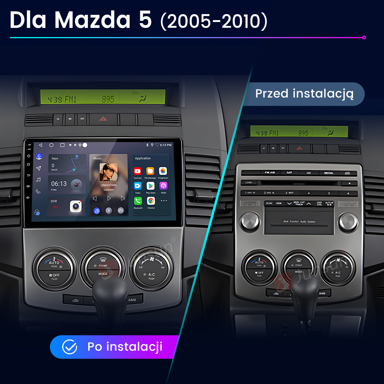 Porównanie deski rozdzielczej samochodu przed i po zainstalowaniu nowego ekranu. Pokazuje radio i klimatyzację.