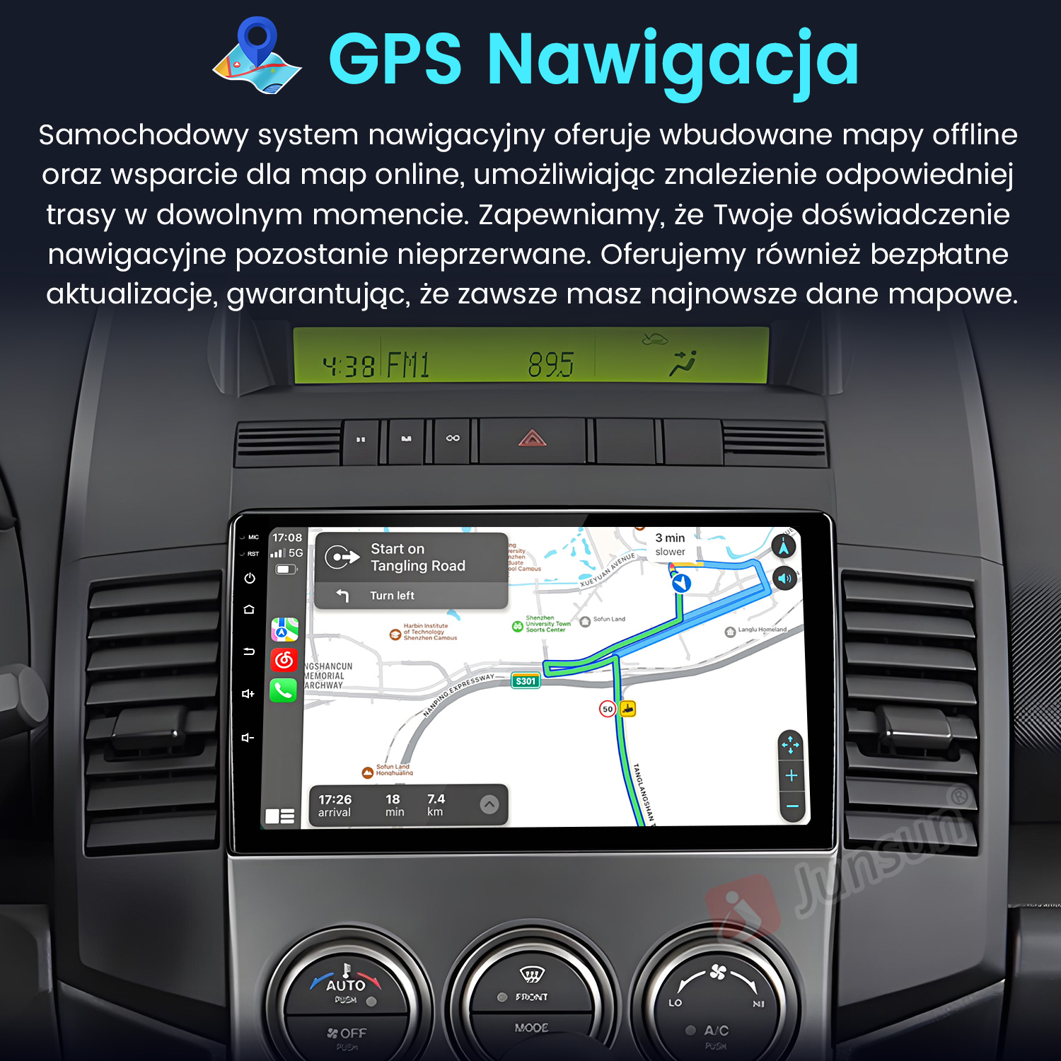 Ekran systemu nawigacji samochodowej wyświetla mapę z wskazówkami trasy. Ikona GPS znajduje się w lewym górnym rogu.