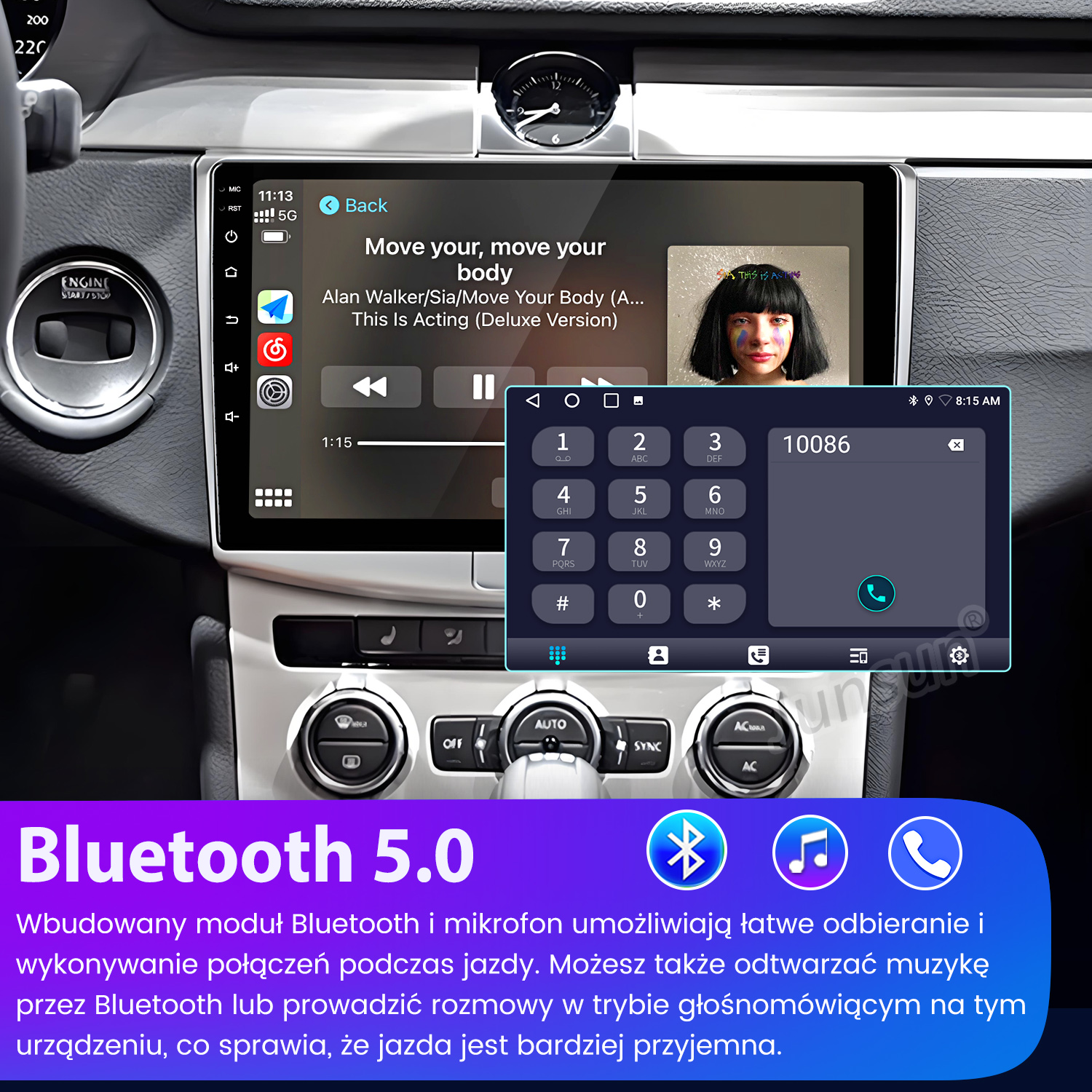 Deska rozdzielcza samochodu pokazująca ekran z odtwarzaną muzyką, klawiaturą telefonu i informacjami o Bluetooth 5.0.