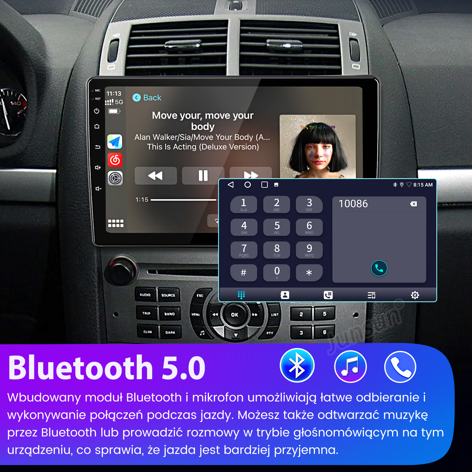 Radio samochodowe wyświetlające muzykę i dialer telefoniczny. Logo Bluetooth 5.0 na dole. Piosenka to 'Move your body'.