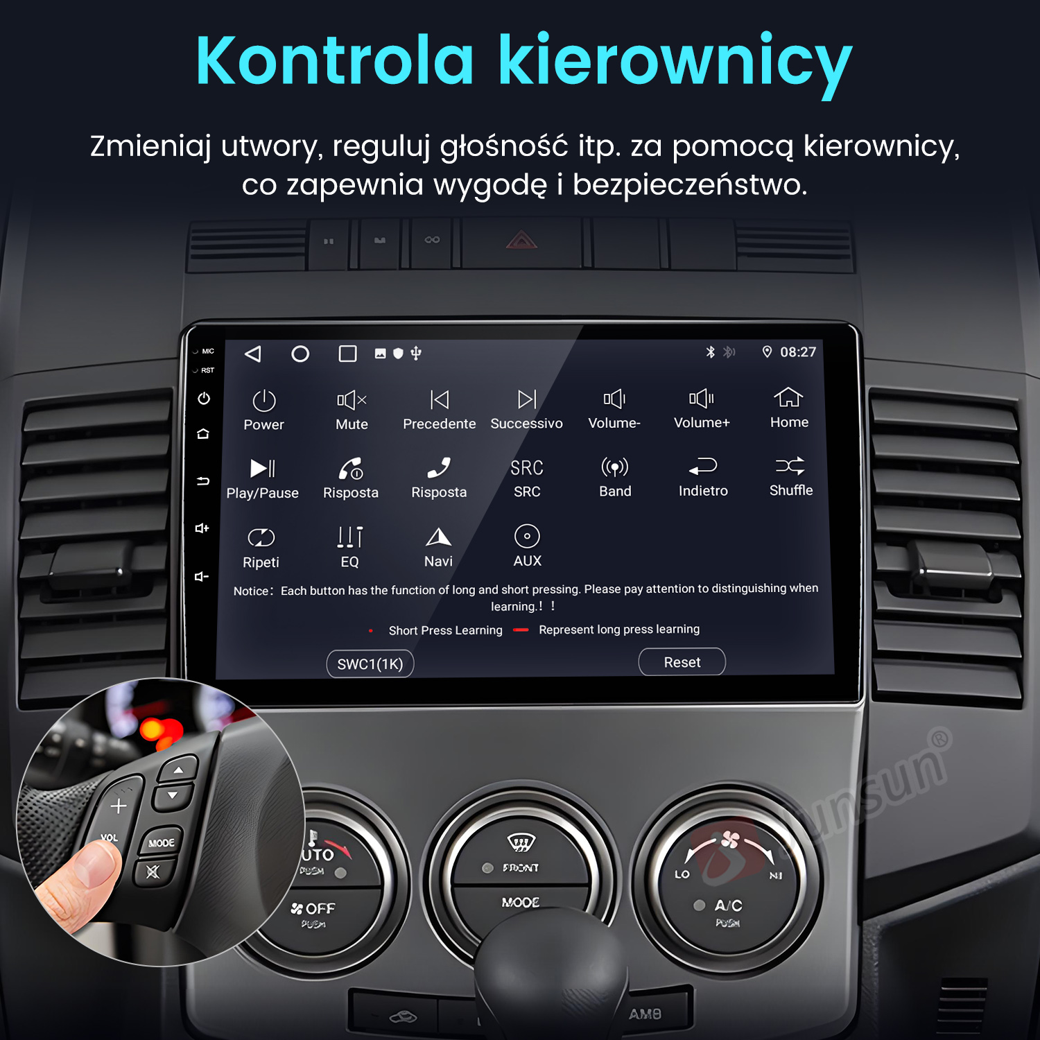 Panel samochodu z ekranem i przyciskami. Ręka naciska przycisk na kierownicy. Kontroluj głośność, tryb itp. samochodu.