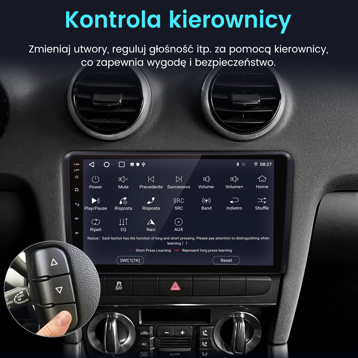 Deska rozdzielcza samochodu z ekranem multimedialnym, elementami sterowania kierownicą i otworami wentylacyjnymi. Ekran wyświetla ikony i tekst.