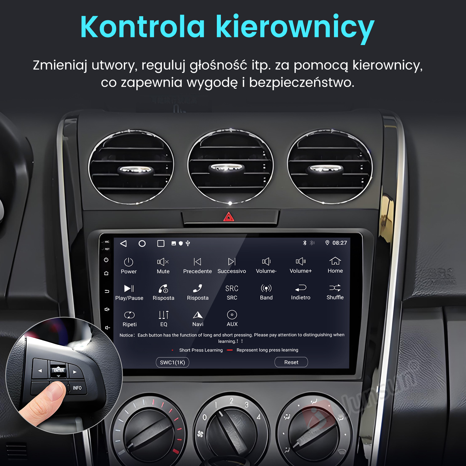 Deska rozdzielcza samochodu z ekranem i przyciskami. Ręka naciska przycisk. Tekst po polsku. Otwory wentylacyjne na górze.