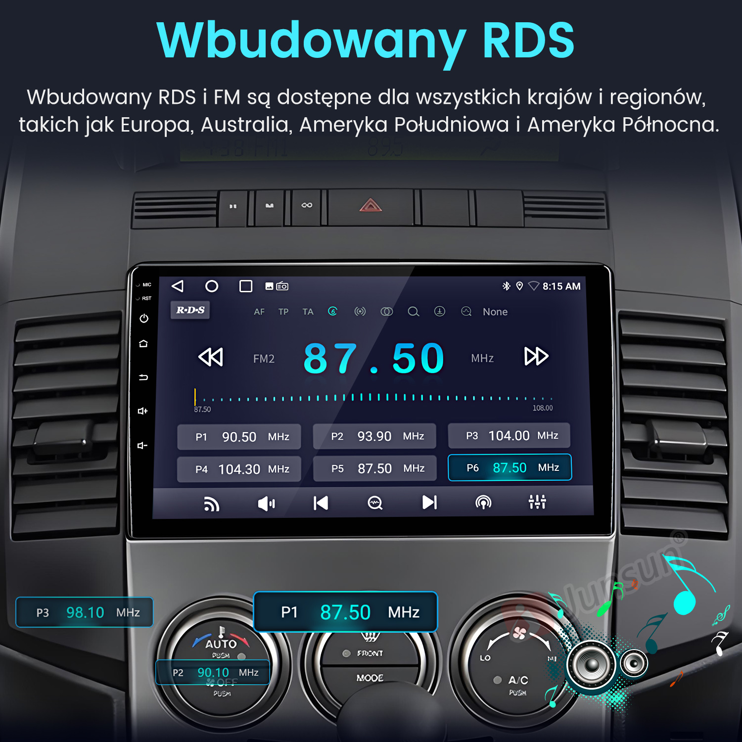 Ekran radia samochodowego wyświetlający częstotliwość FM 87,50 MHz. Widoczne przyciski i pokrętła radia i klimatyzacji.