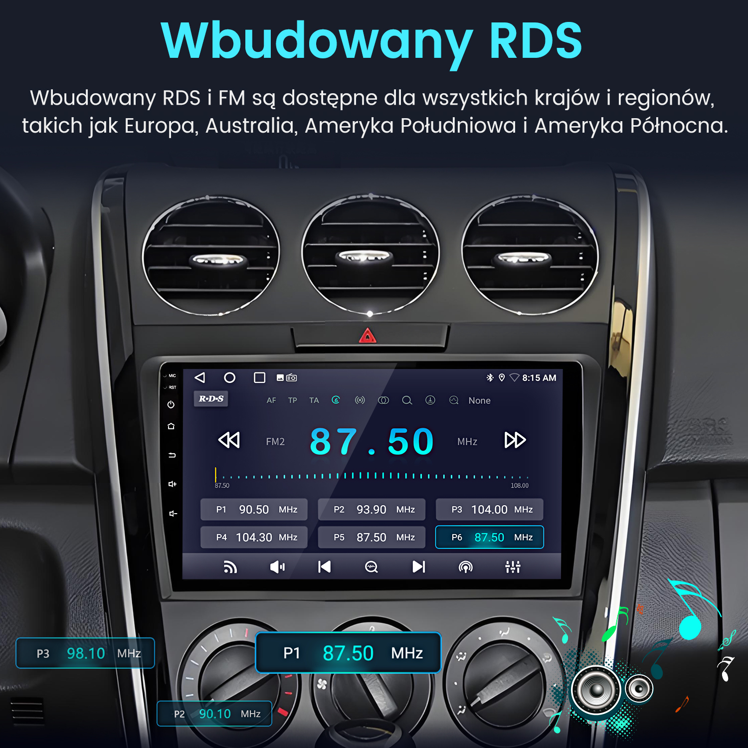 Ekran radia samochodowego wyświetlający częstotliwość FM 87,50 MHz. Widoczne przyciski ustawień i konfiguracji.