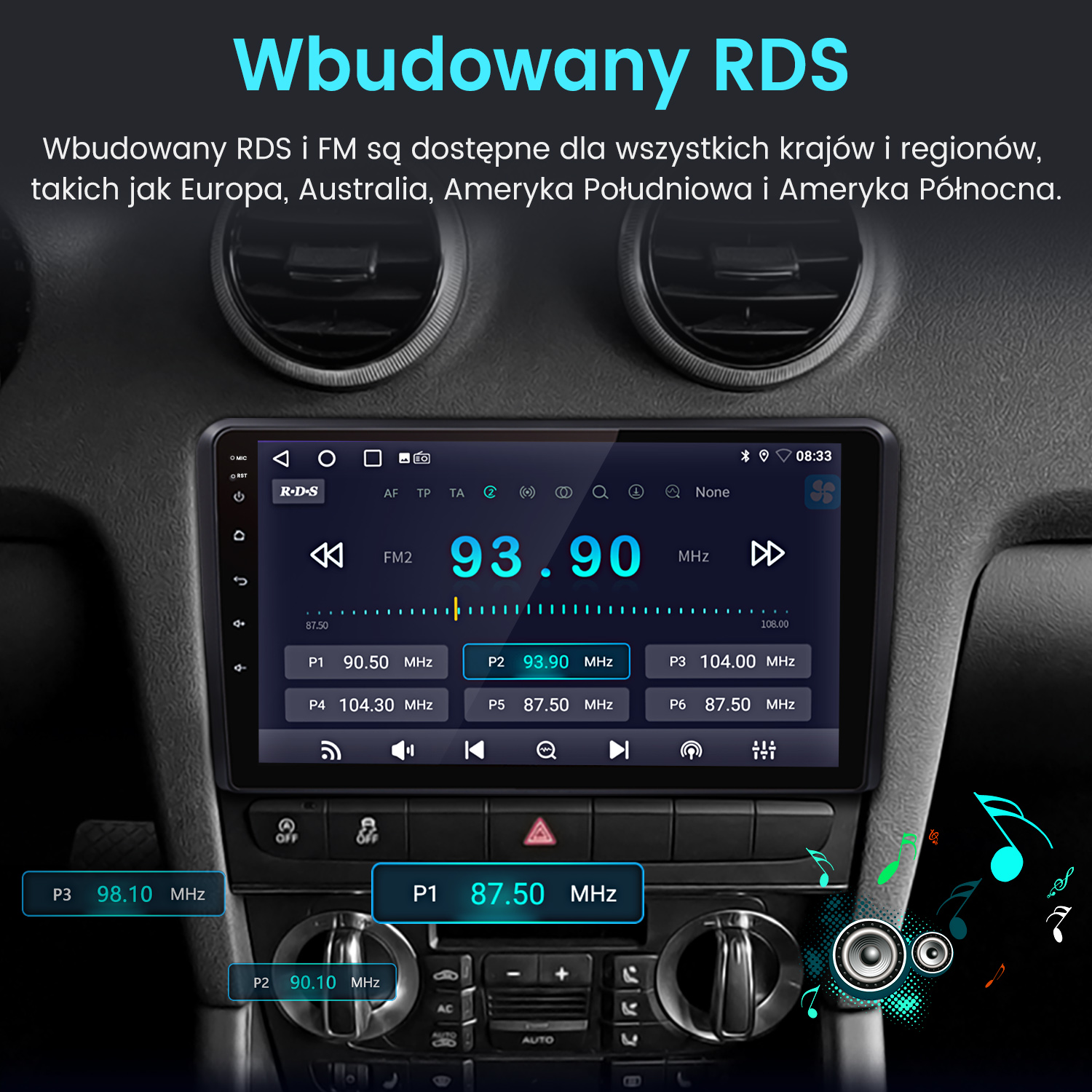 Ekran radia samochodowego wyświetlający częstotliwość FM 93,90 MHz. Przyciski do różnych stacji radiowych widoczne poniżej ekranu.