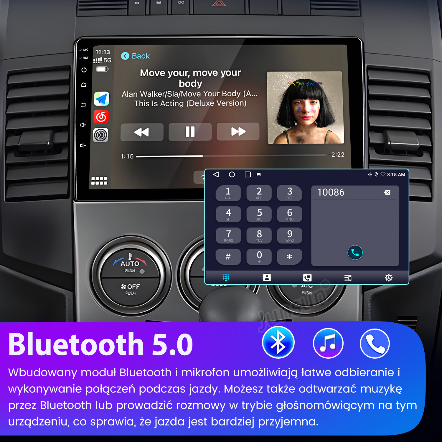 Ekran radia samochodowego wyświetlający muzykę Alana Walkera i dialer telefoniczny. Logo Bluetooth 5.0 na dole.