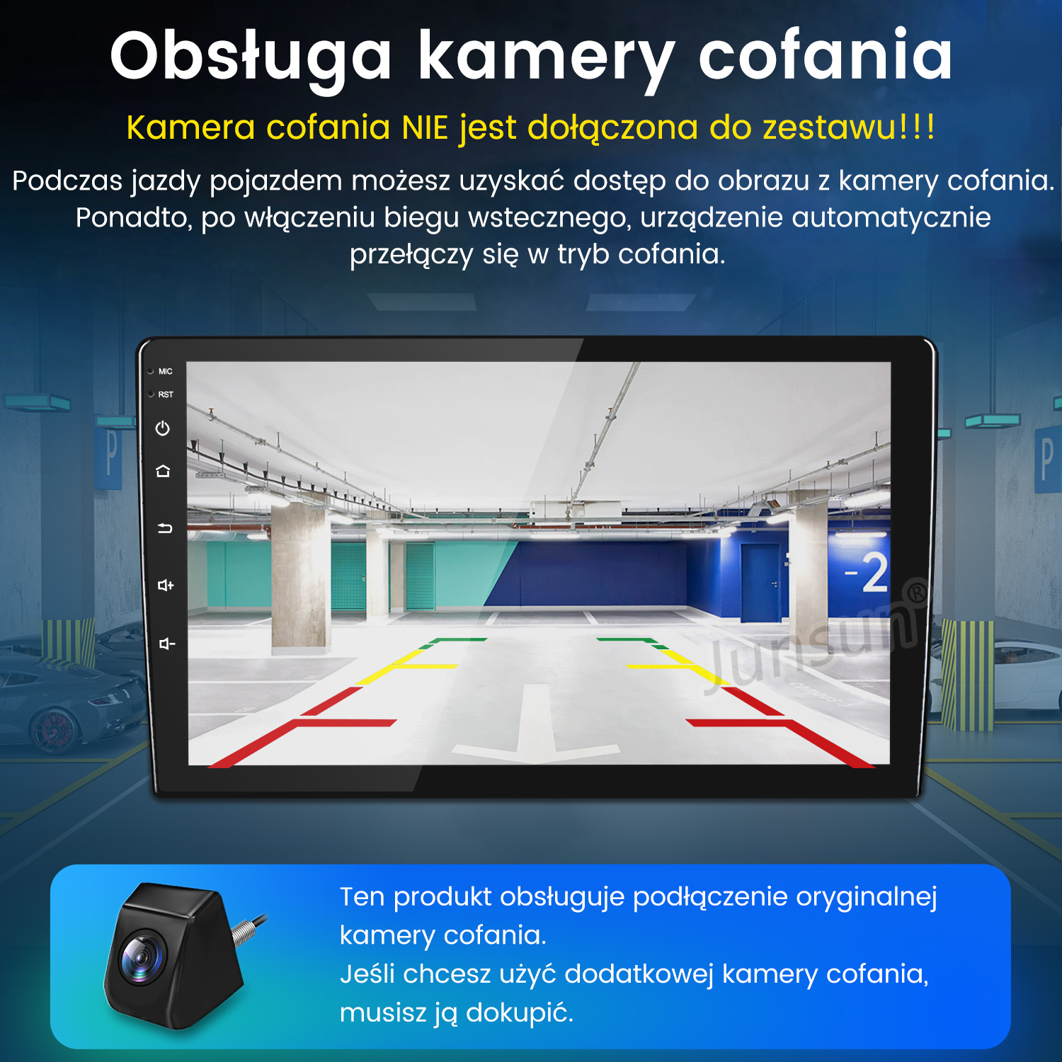 Ekran pokazuje widok parkingu. Pokazana jest kamera cofania. Tekst mówi, że produkt obsługuje oryginalną kamerę.