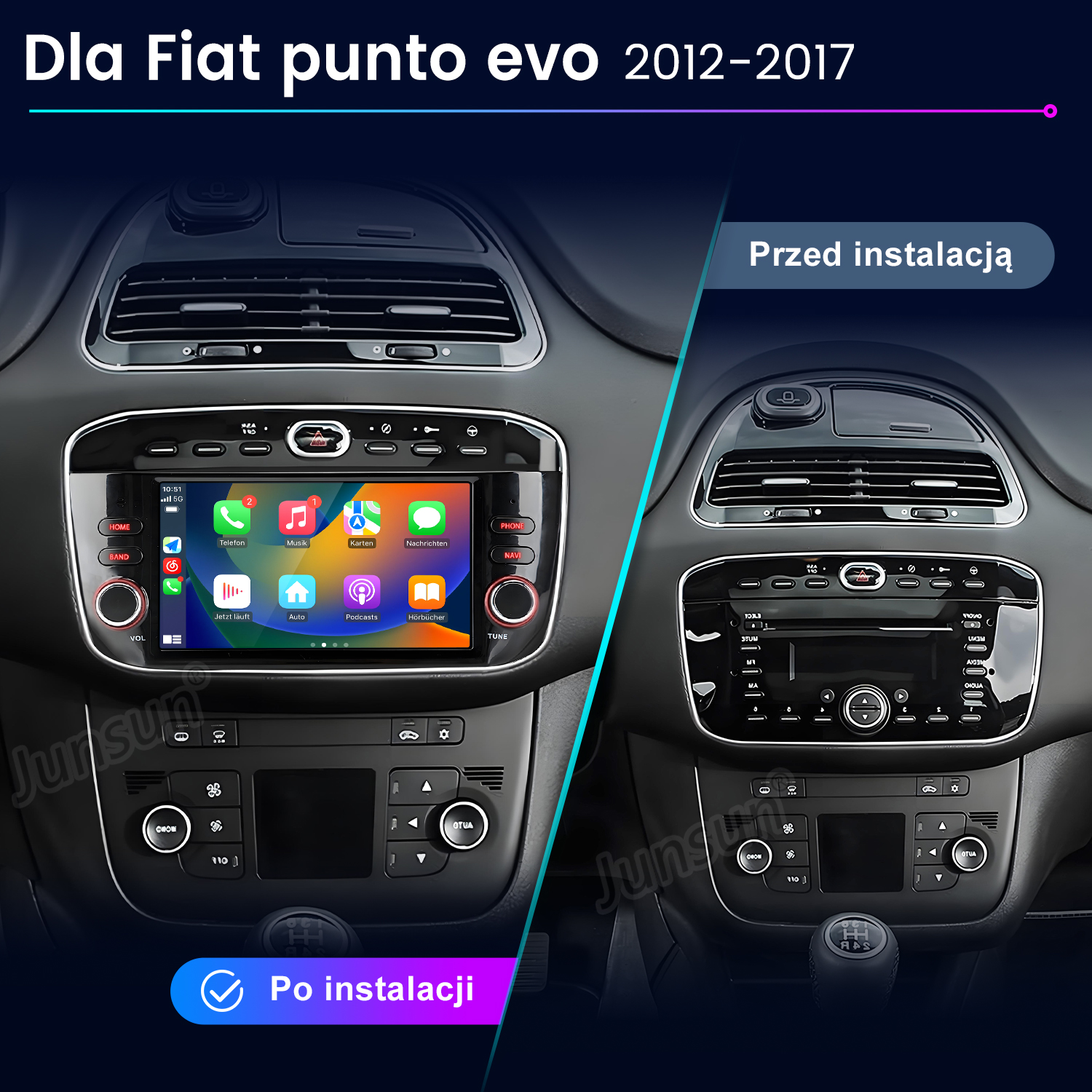 Porównanie deski rozdzielczej samochodu przed i po instalacji. Wyświetla system multimedialny z różnymi ikonami aplikacji.