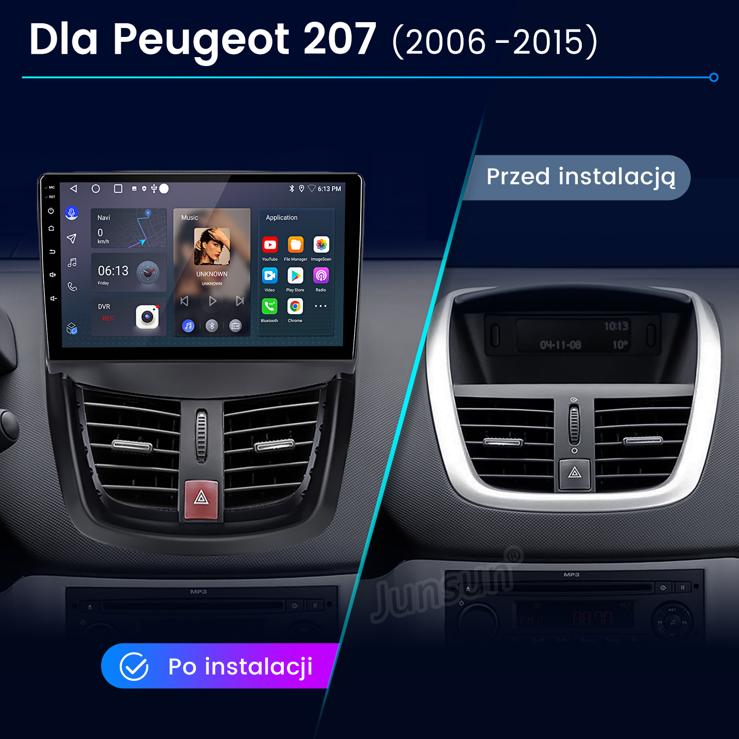 Porównanie deski rozdzielczej samochodu: przed i po zainstalowaniu nowego systemu multimedialnego. Nowy system wyświetla nawigację i muzykę.