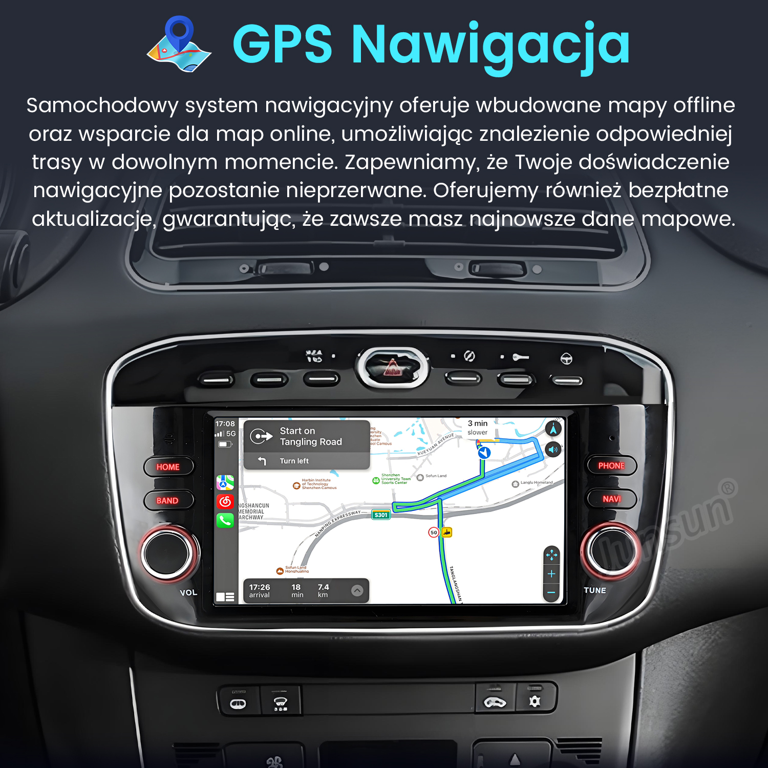 Deska rozdzielcza samochodu z nawigacją GPS. Przyciski do domu, pasma, telefonu, nawigacji i strojenia. Wyświetlacz pokazuje trasę.
