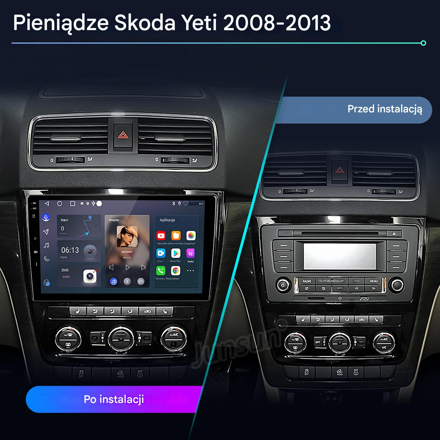 Porównanie deski rozdzielczej samochodu przed i po instalacji. Lewa strona pokazuje nowy ekran, prawa starą radio.