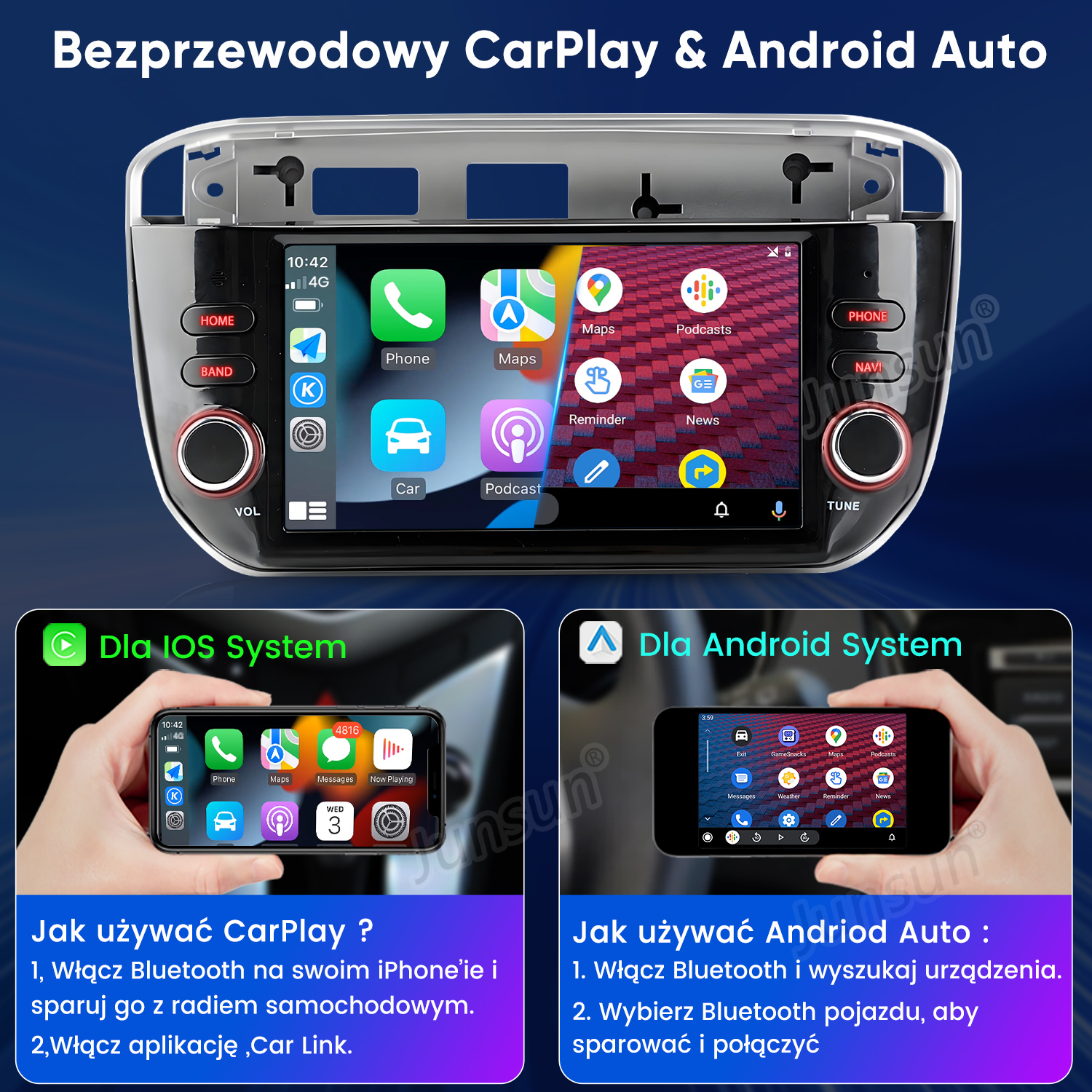 Ekran radia samochodowego z ikonami aplikacji. Pokazuje CarPlay i Android Auto. Instrukcje użytkowania znajdują się pod ekranami.