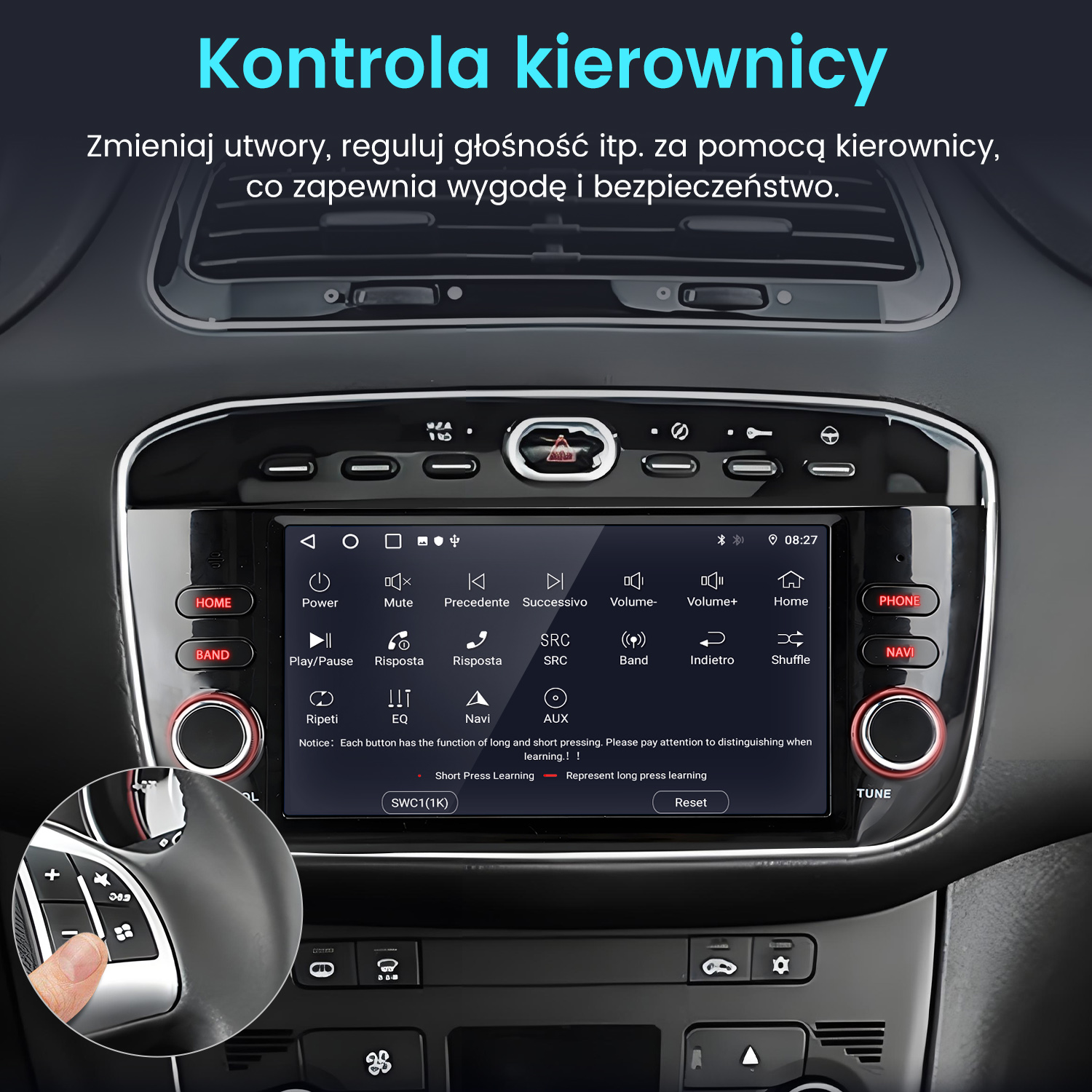 Panel w samochodzie z systemem multimedialnym. Widoczne przyciski. Ręka naciska przycisk na kierownicy.