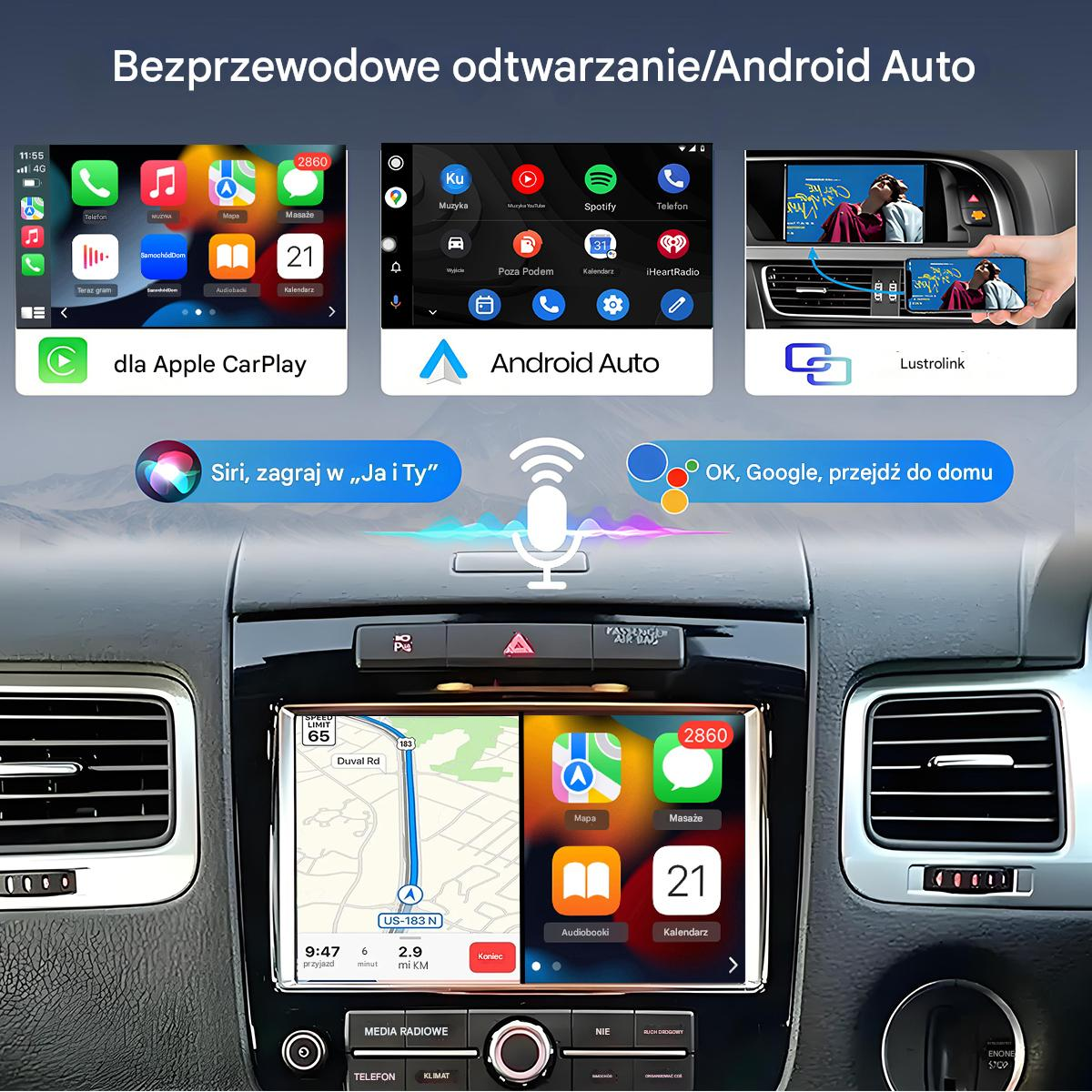 Deska rozdzielcza samochodu z Apple CarPlay, Android Auto i Lustrolink. Wyświetla nawigację, aplikacje i kontrolki.