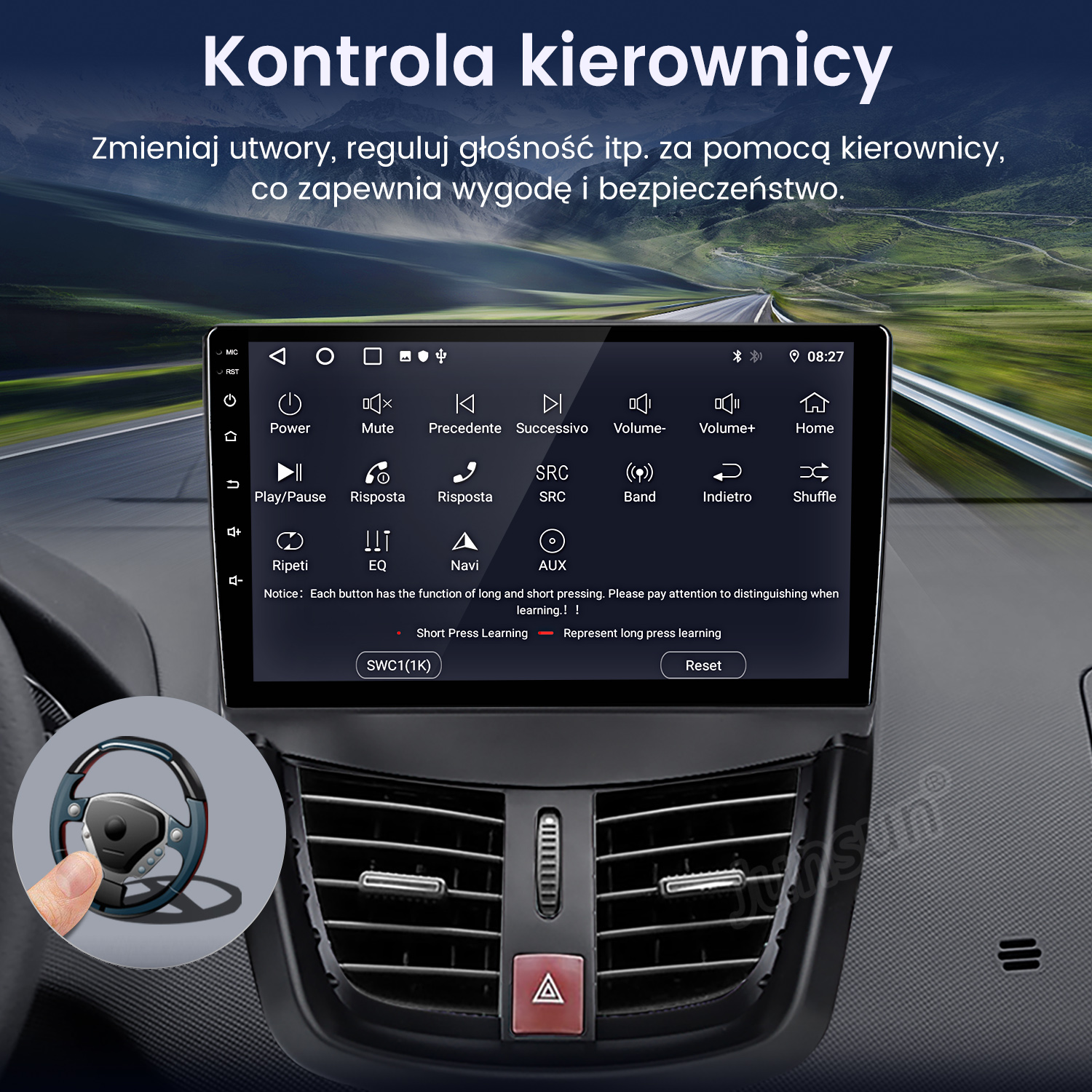 Ekran radia samochodowego z przyciskami. Sterowanie kierownicą po lewej stronie. Tło to deska rozdzielcza.