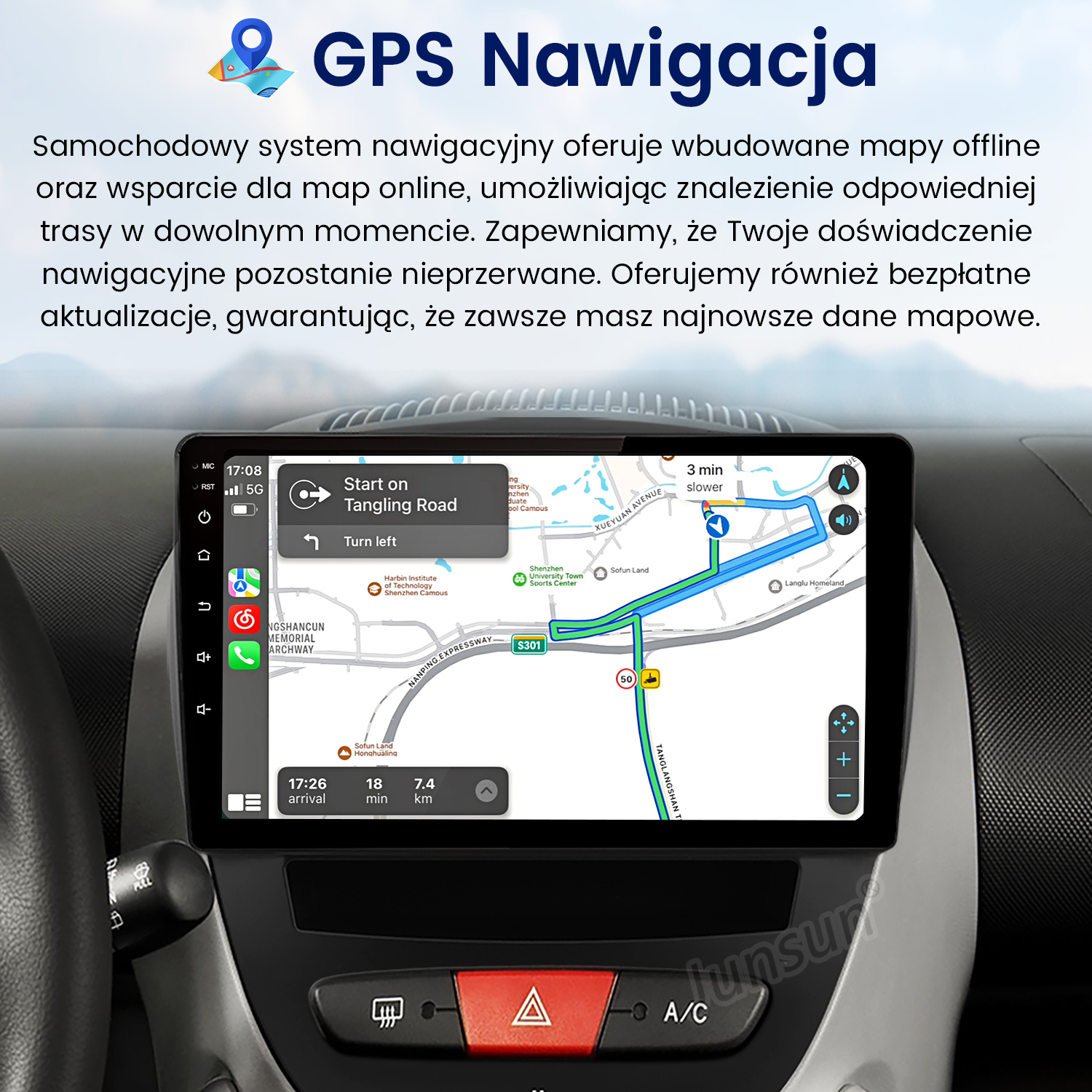 System nawigacji samochodowej pokazuje mapę ze wskazówkami trasy. Ekran wyświetla mapę GPS z niebieskimi liniami.