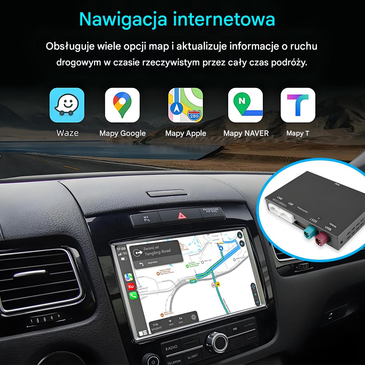 Deska rozdzielcza samochodu z aplikacjami nawigacyjnymi, mapą i podłączonym urządzeniem. Ikony aplikacji są widoczne.