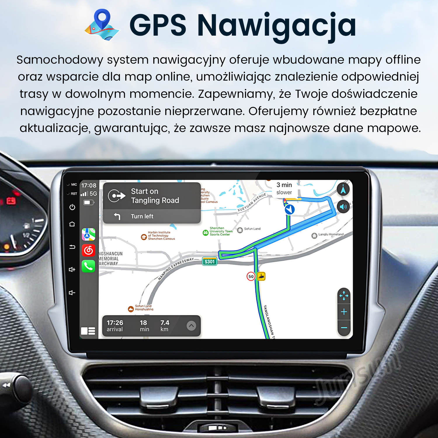 Ekran systemu nawigacji samochodowej wyświetlający mapę trasy z instrukcjami i informacjami o podróży.