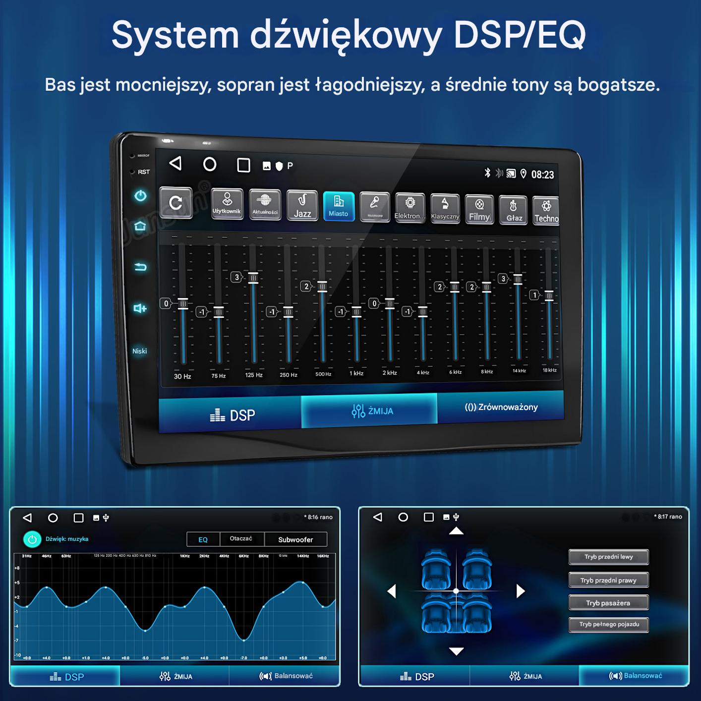 Samochodowy system audio z ustawieniami korektora, pokazujący regulacje częstotliwości i opcje sterowania.