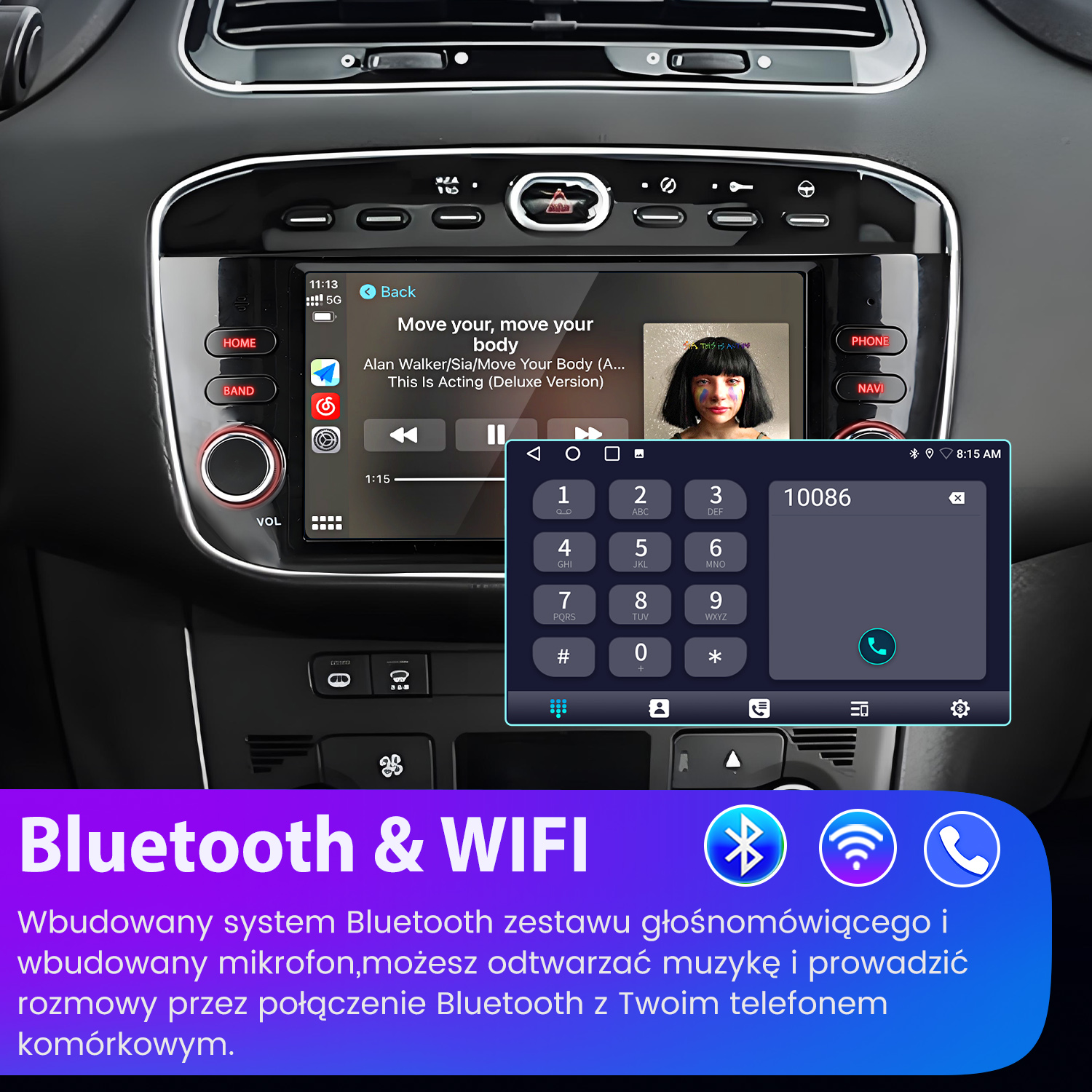 Ekran radia samochodowego z muzyką i dialerem. Logo Bluetooth i Wi-Fi na dole. Czarna deska rozdzielcza.