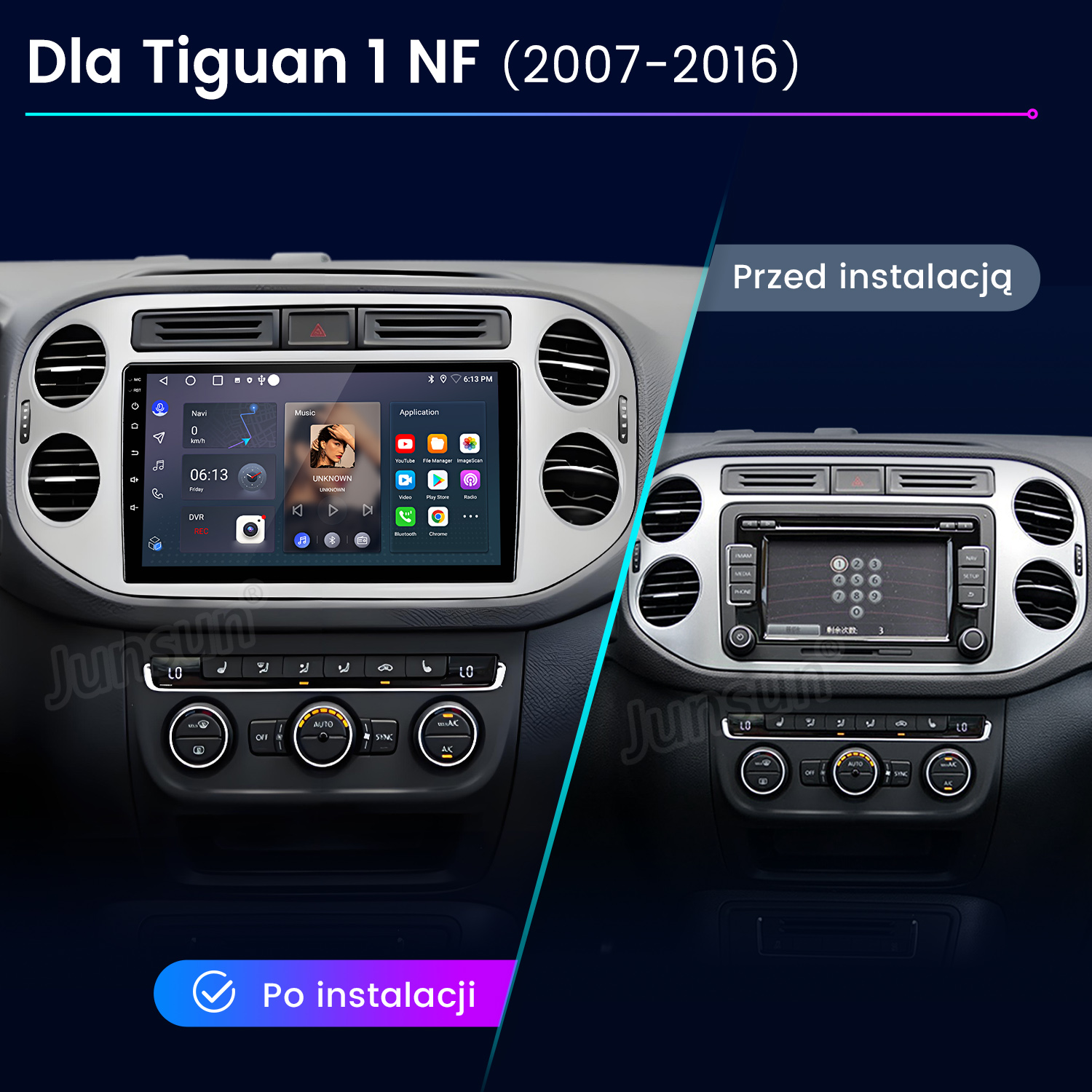 Porównanie deski rozdzielczej samochodu: stary vs. nowy system informacyjno-rozrywkowy. Pokazuje nawigację, muzykę i opcje aplikacji po instalacji.