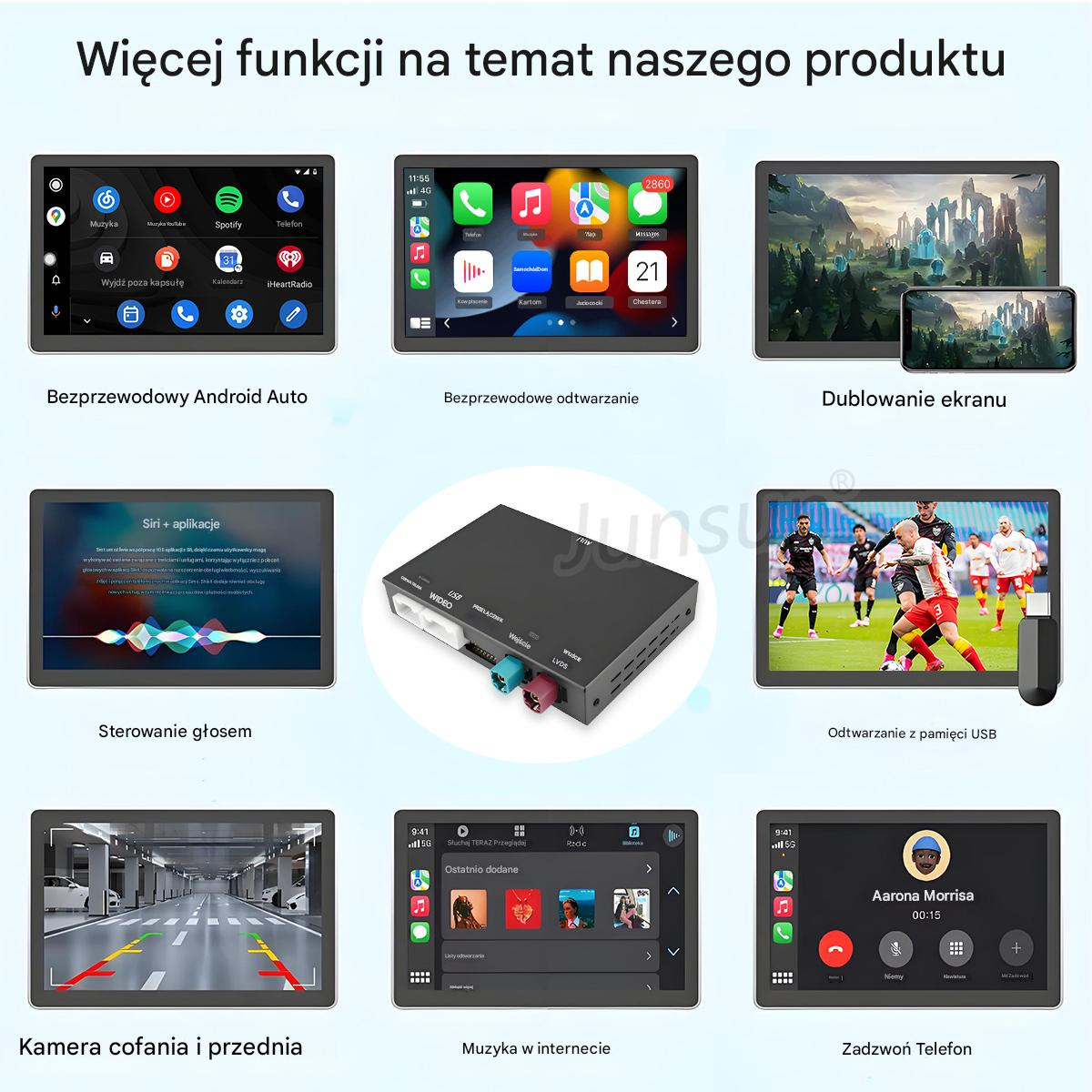 Obraz wyświetla ekrany samochodowe z Android Auto, muzyką, meczem piłki nożnej i połączeniami telefonicznymi. Prezentowane są różne funkcje.