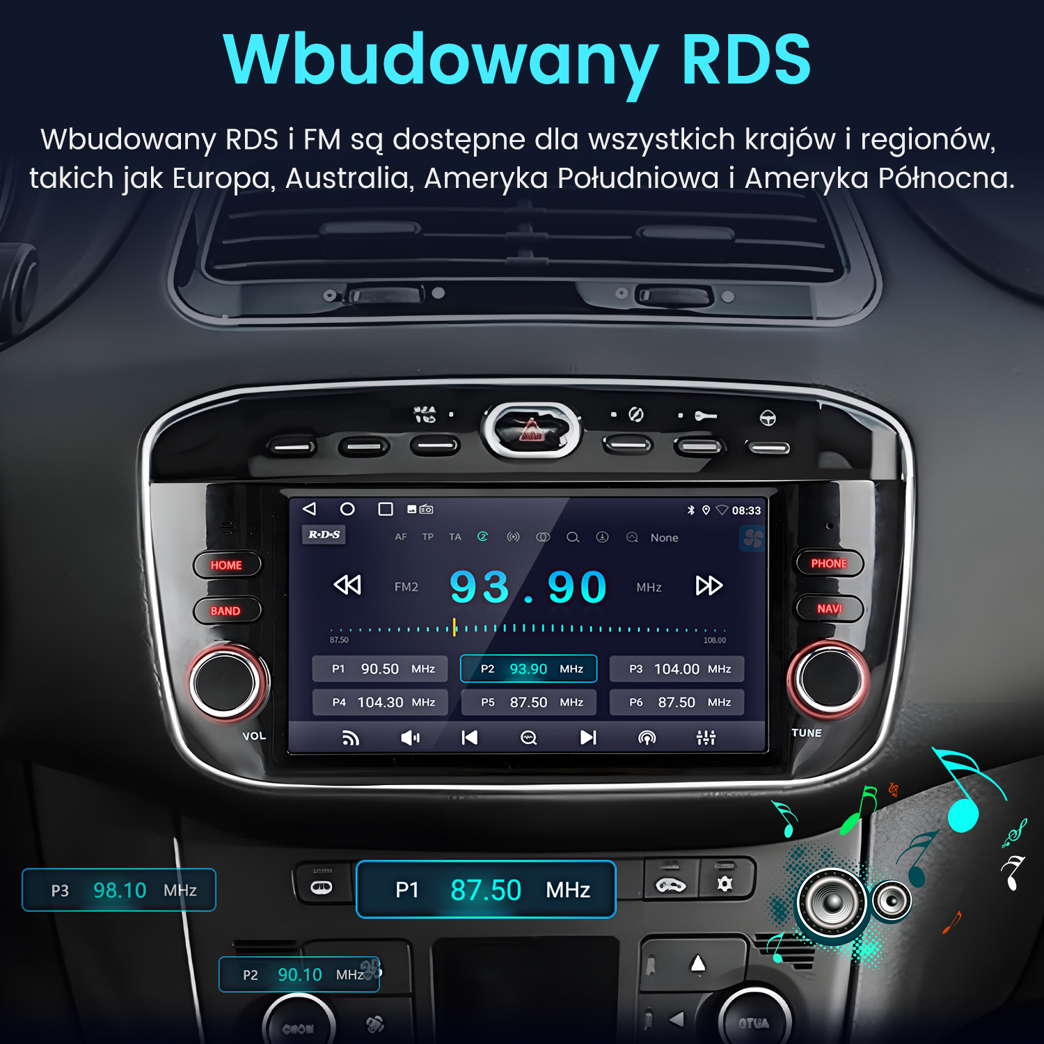 Ekran radia samochodowego wyświetlający informacje radiowe FM. Przyciski do telefonu, nawigacji i regulacji głośności. Grafika głośnika z nutami muzycznymi.