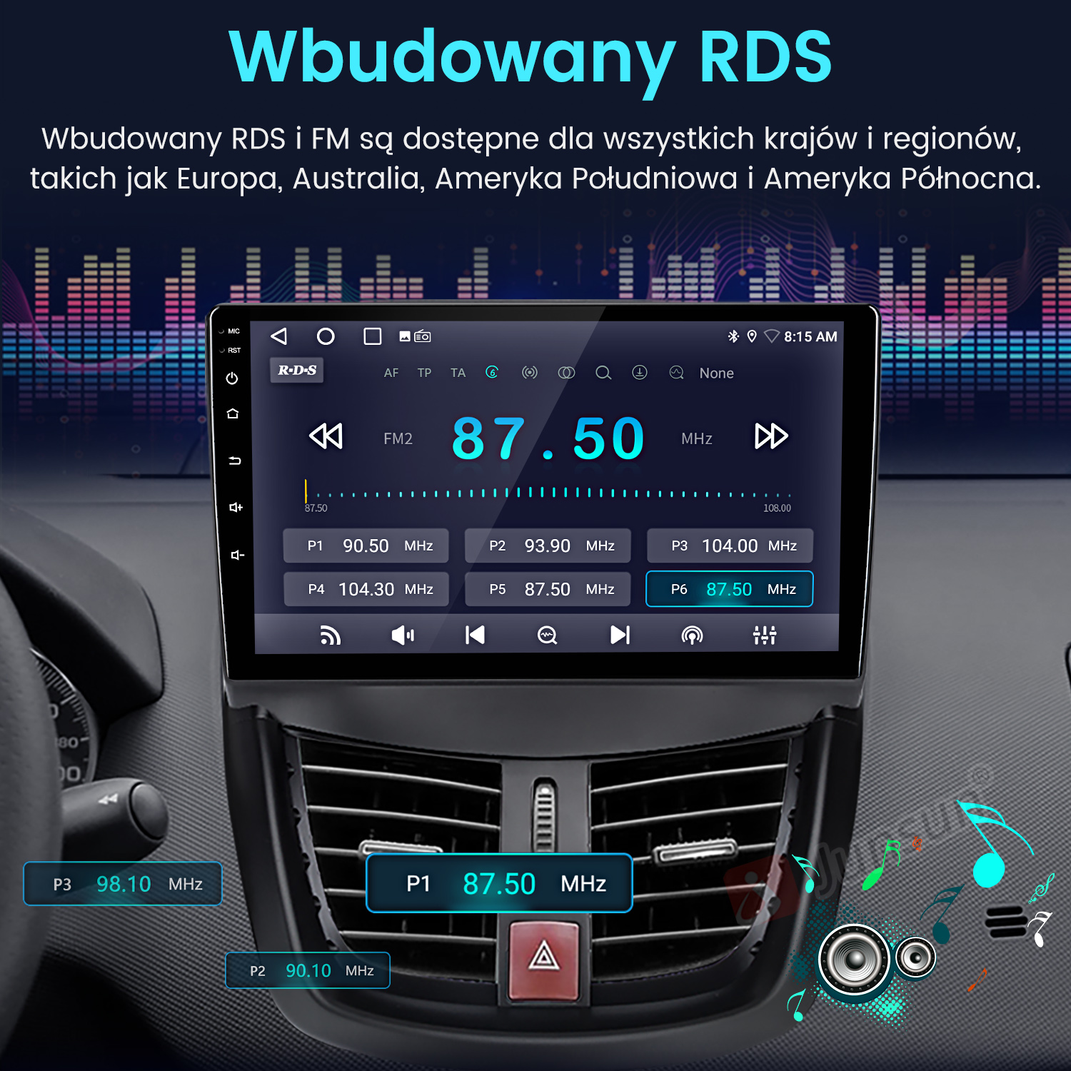 Ekran radia samochodowego wyświetlający częstotliwość FM 87,50 MHz. Widoczne są przyciski do ustawień i ustawień. W tle wnętrze samochodu.