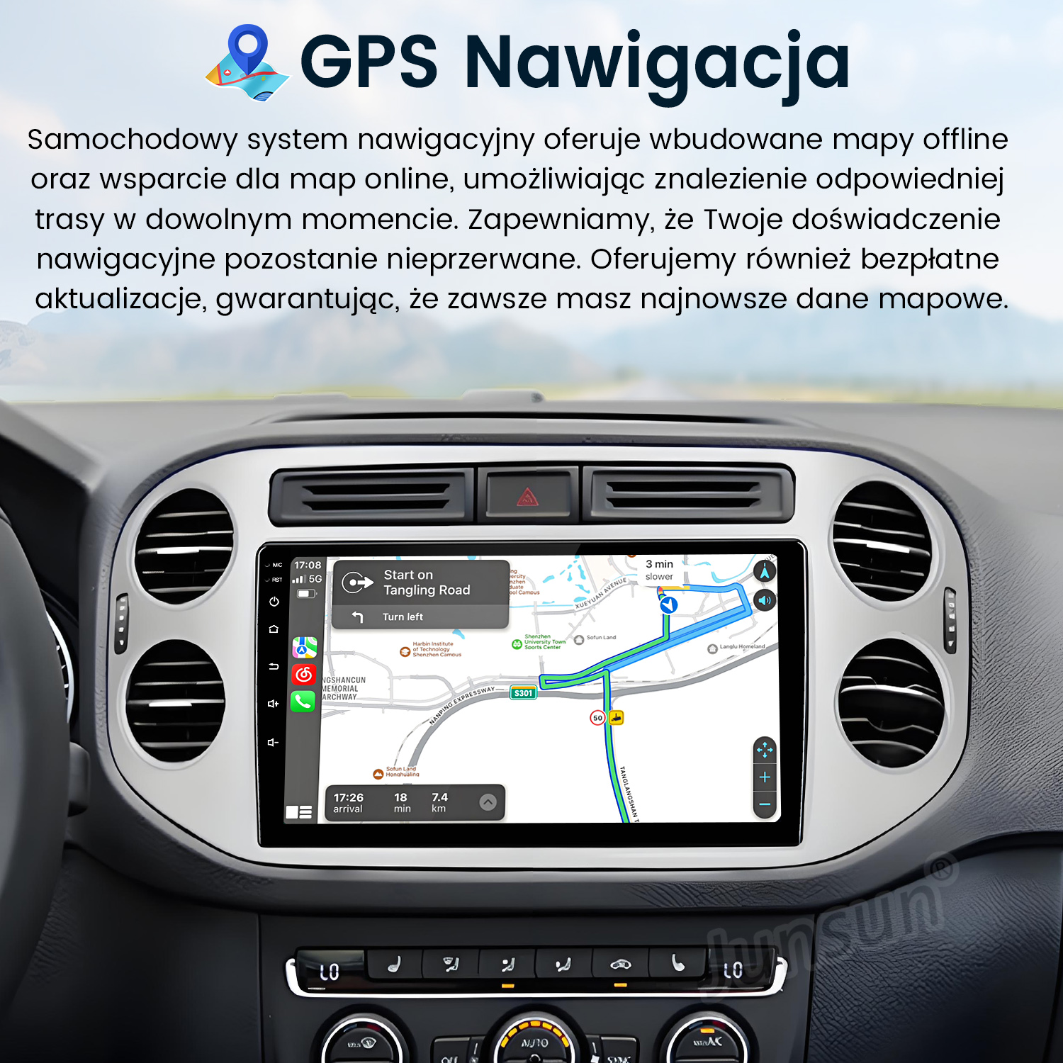 Deska rozdzielcza samochodu z mapą nawigacji GPS i wyświetlanymi wskazówkami trasy.