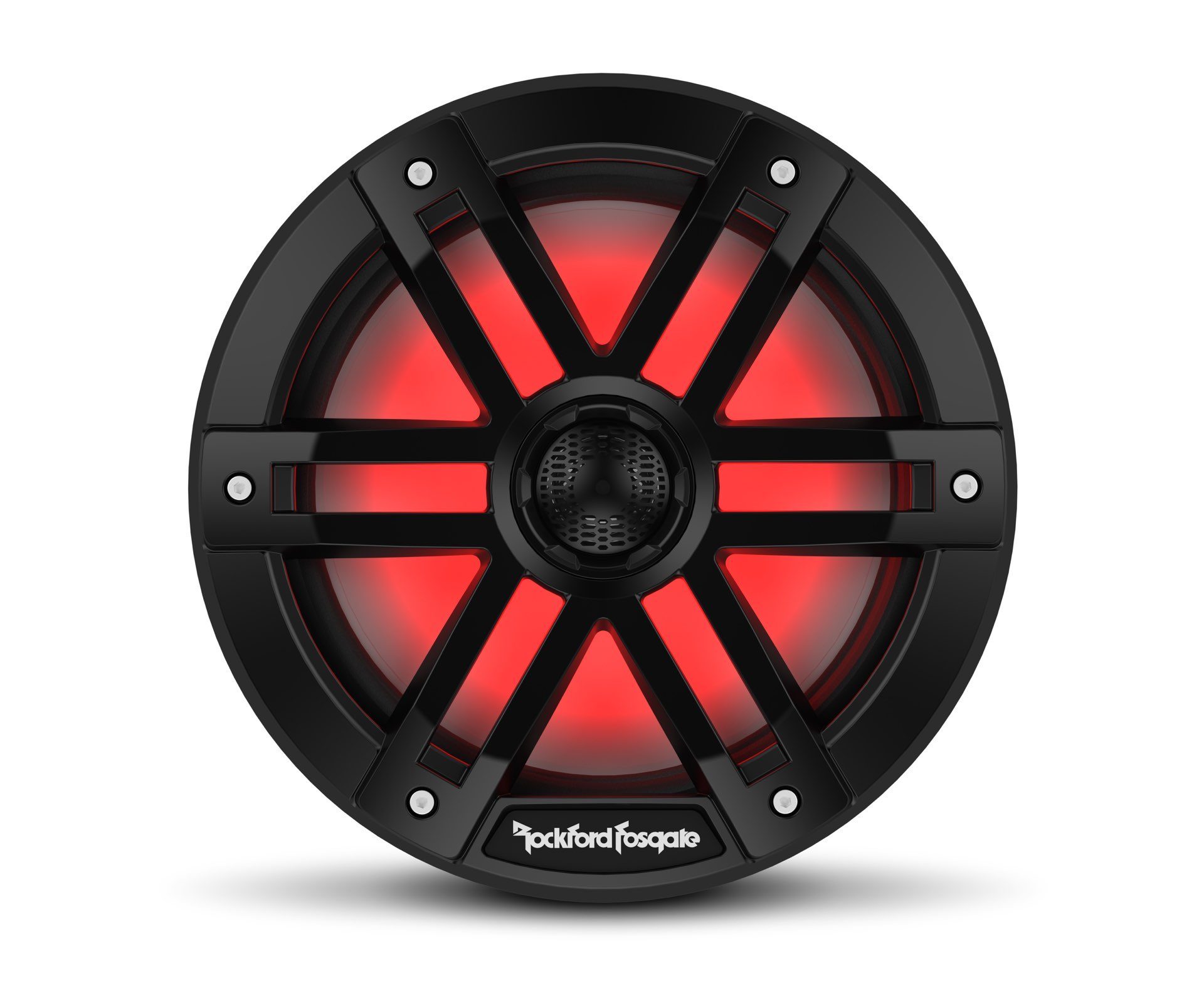 Ein runder Lautsprecher mit schwarzem Rahmen und rotem Leuchtzentrum. Das Rockford Fosgate-Logo befindet sich unten.