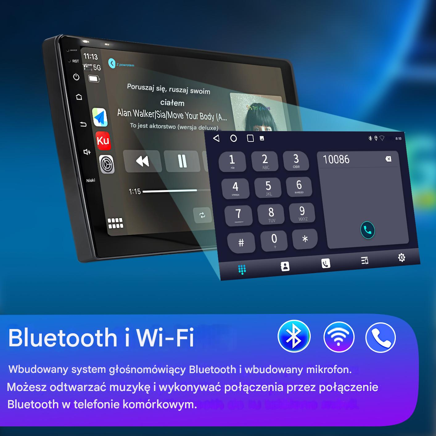 Wyświetlacz systemu multimedialnego samochodu pokazujący elementy sterowania muzyką i interfejs wybierania numeru telefonu. Widoczne ikony Bluetooth i Wi-Fi.