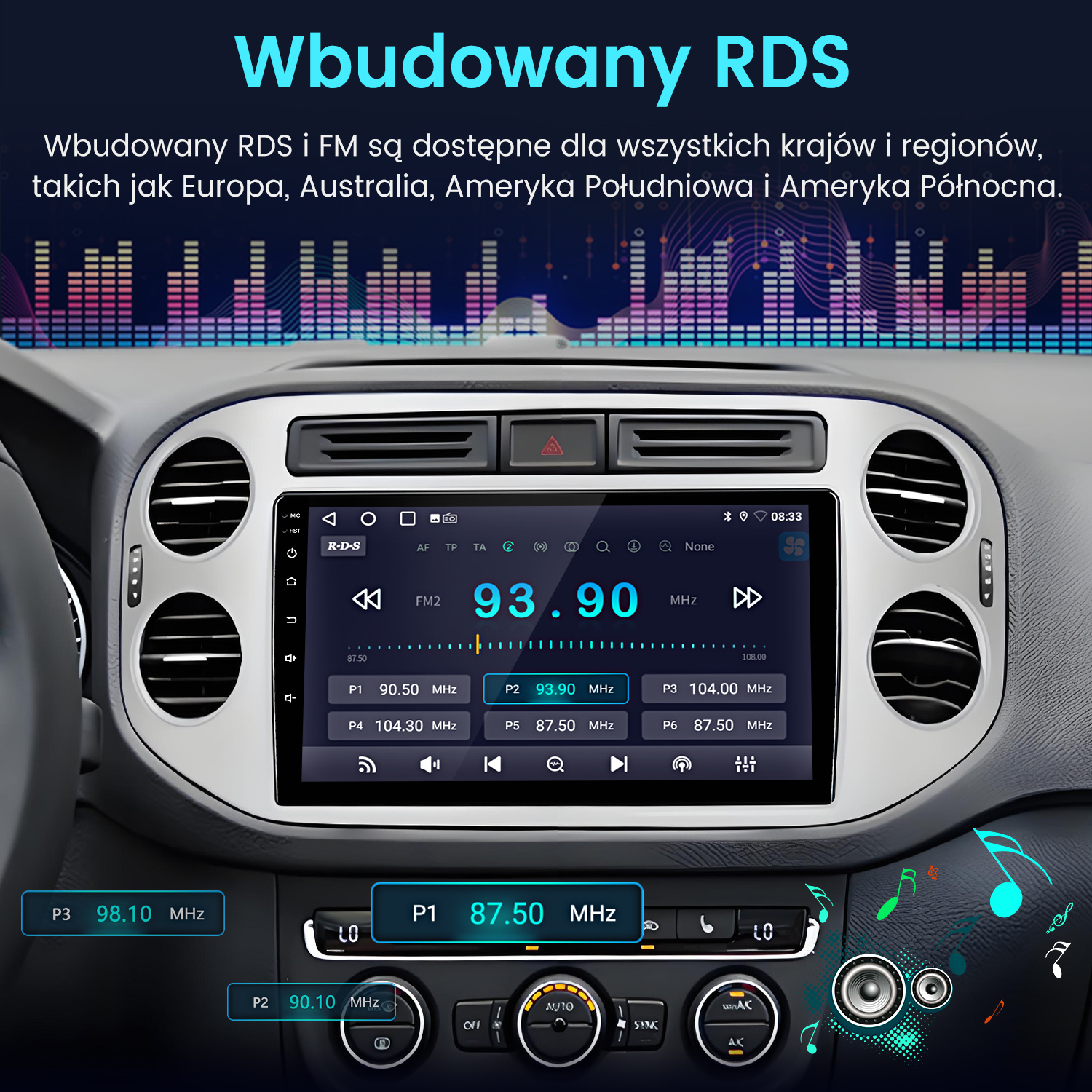 Radio samochodowe z cyfrowym wyświetlaczem pokazującym częstotliwość FM 93,90 MHz. Deska rozdzielcza zawiera przyciski i nawiewy.