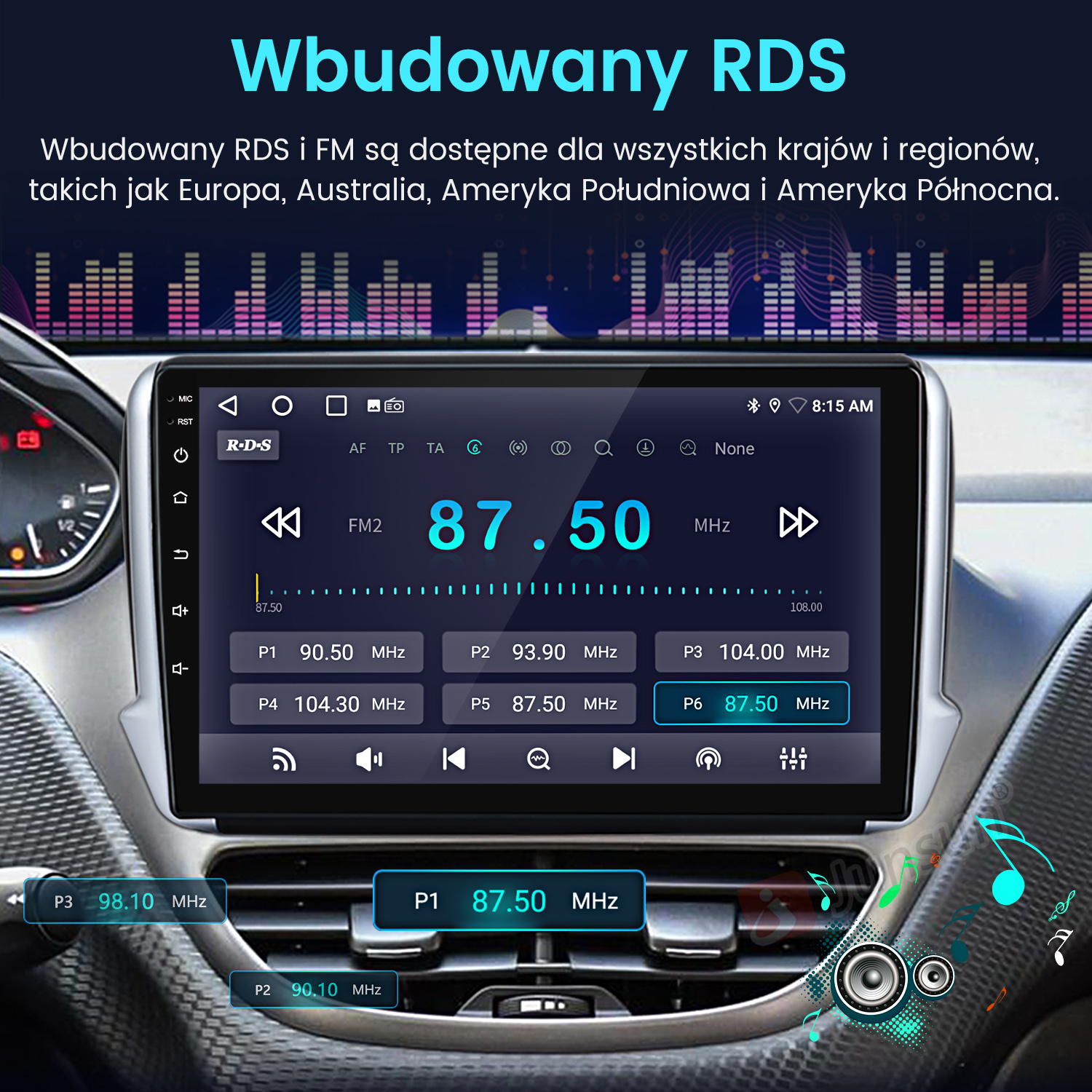 Ekran radia samochodowego wyświetlający częstotliwość FM 87,50 MHz. Ekran pokazuje różne przyciski, kontekst jest w samochodzie.