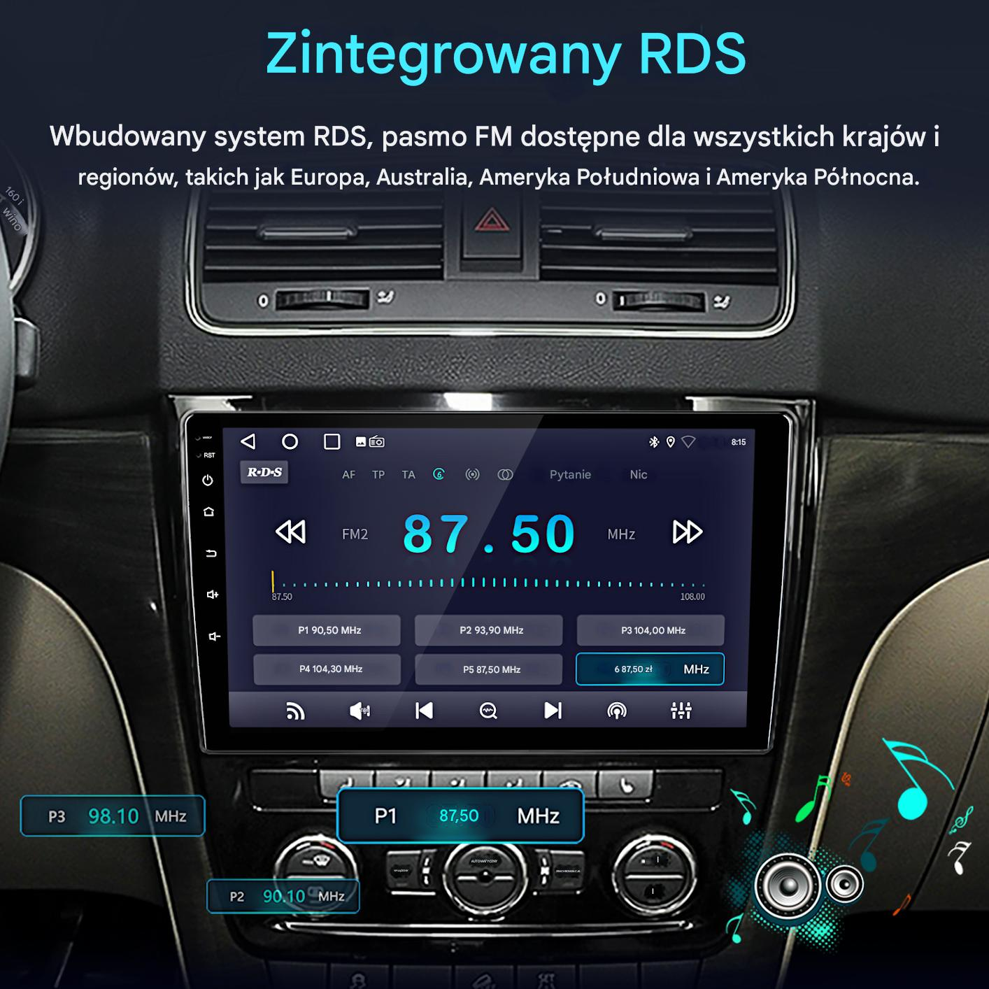 Ekran radia samochodowego wyświetlający 87,50 MHz. Widoczne są również przyciski i grafika nuty muzycznej. Tekst po polsku.