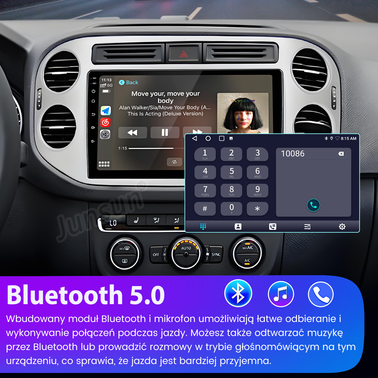 Radio samochodowe z muzyką, wybieraniem numeru telefonu i logo Bluetooth. Ekran pokazuje piosenkę i klawiaturę telefonu.