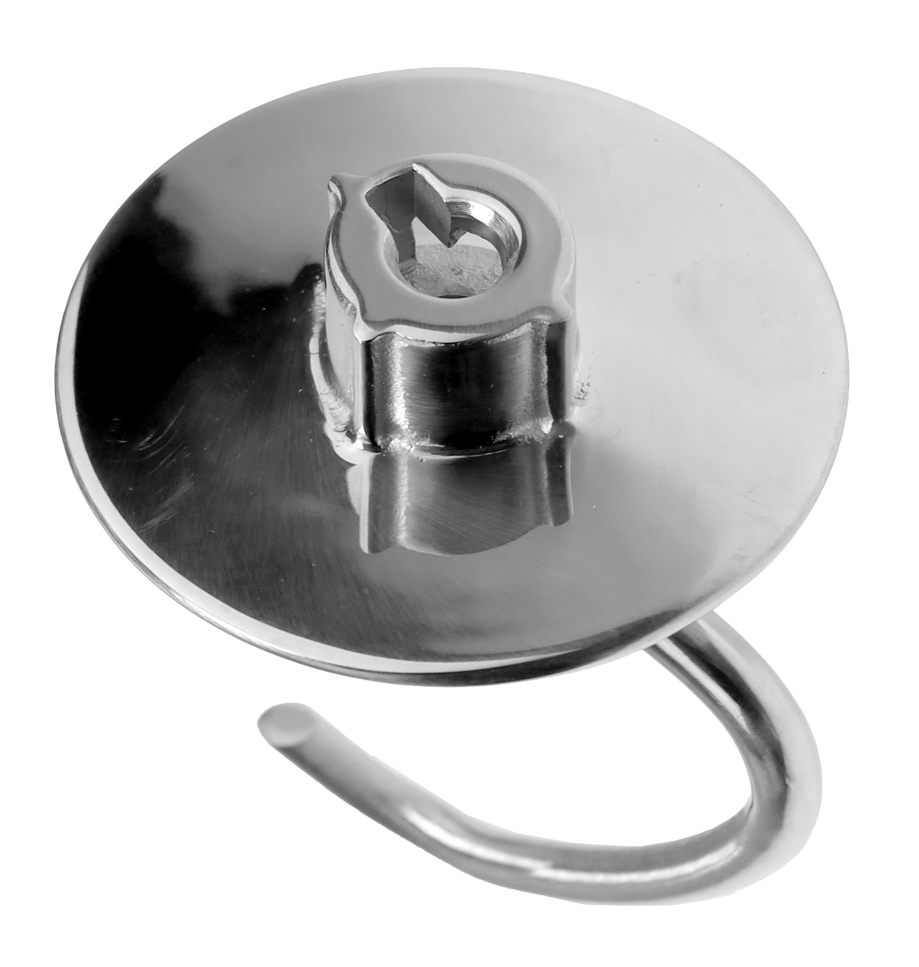 Chromowany hak. Ma okrągłą podstawę, cylindryczną szyję z kwadratowym otworem i zakrzywiony haczyk.