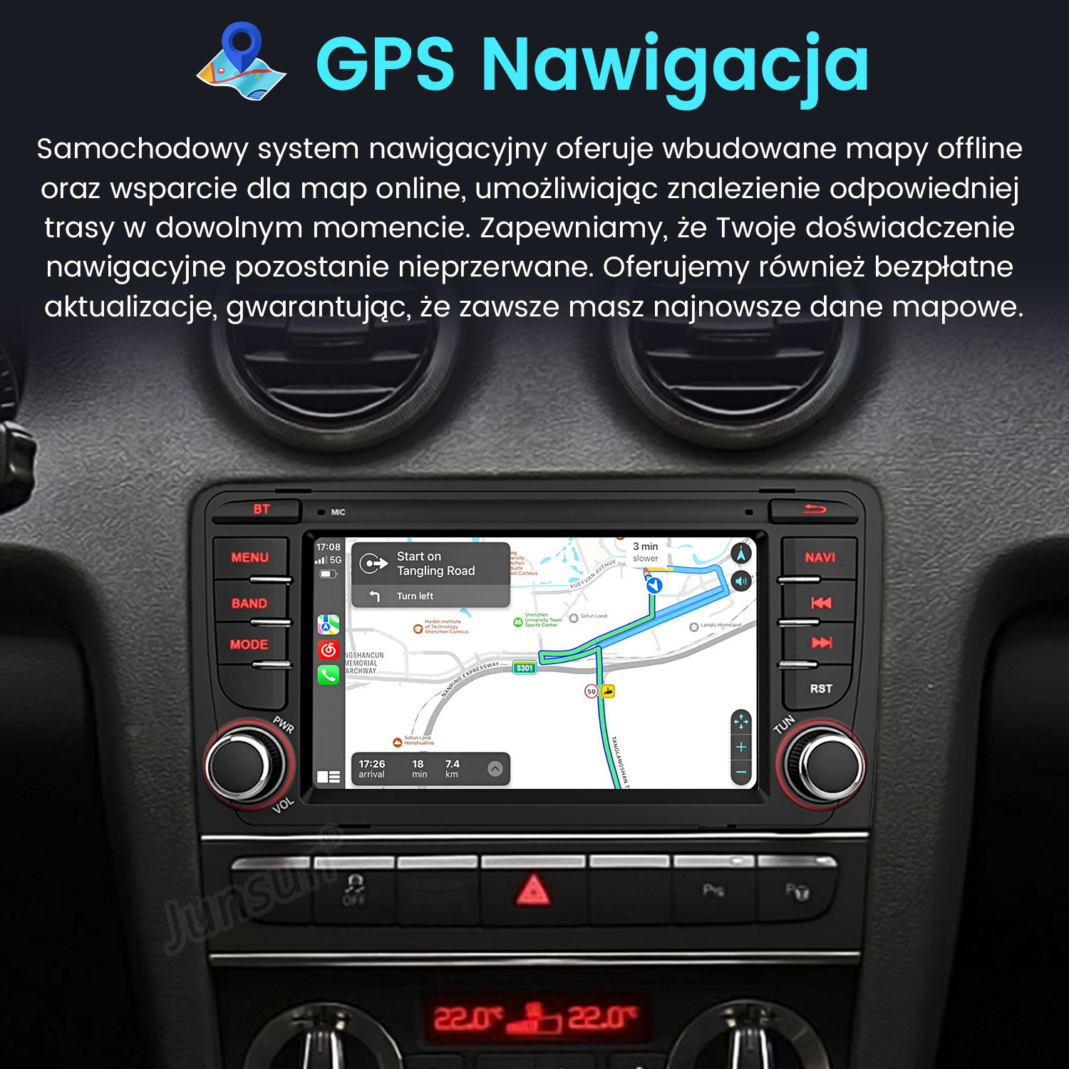 Ekran samochodowego systemu nawigacji wyświetlający mapę z trasą i elementami sterującymi.