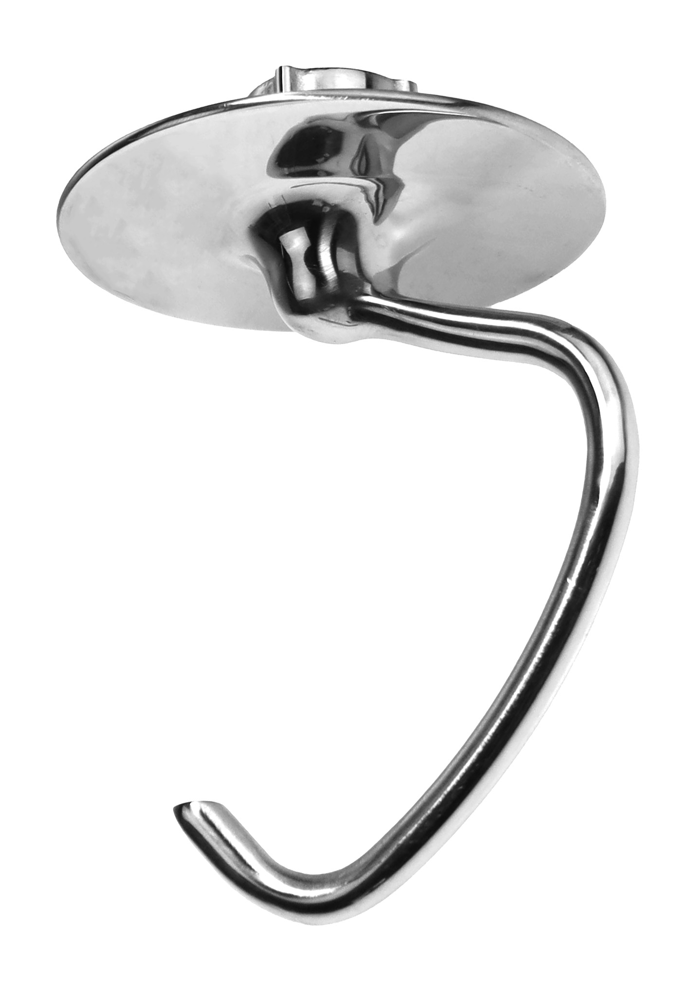 Błyszczący, metalowy hak do ciasta do miksera. Posiada okrągłą tarczę, zakrzywione ramię i zakończenie w kształcie haka, wszystko na białym tle.