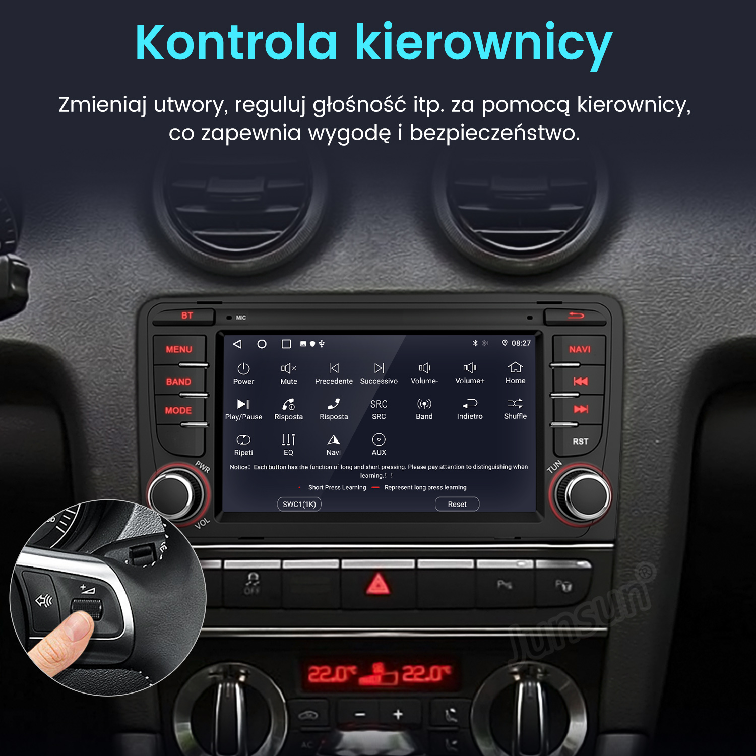 Radio samochodowe z przyciskami i ekranem. Kierownica z elementami sterującymi. Ekran pokazuje czas i opcje radia.