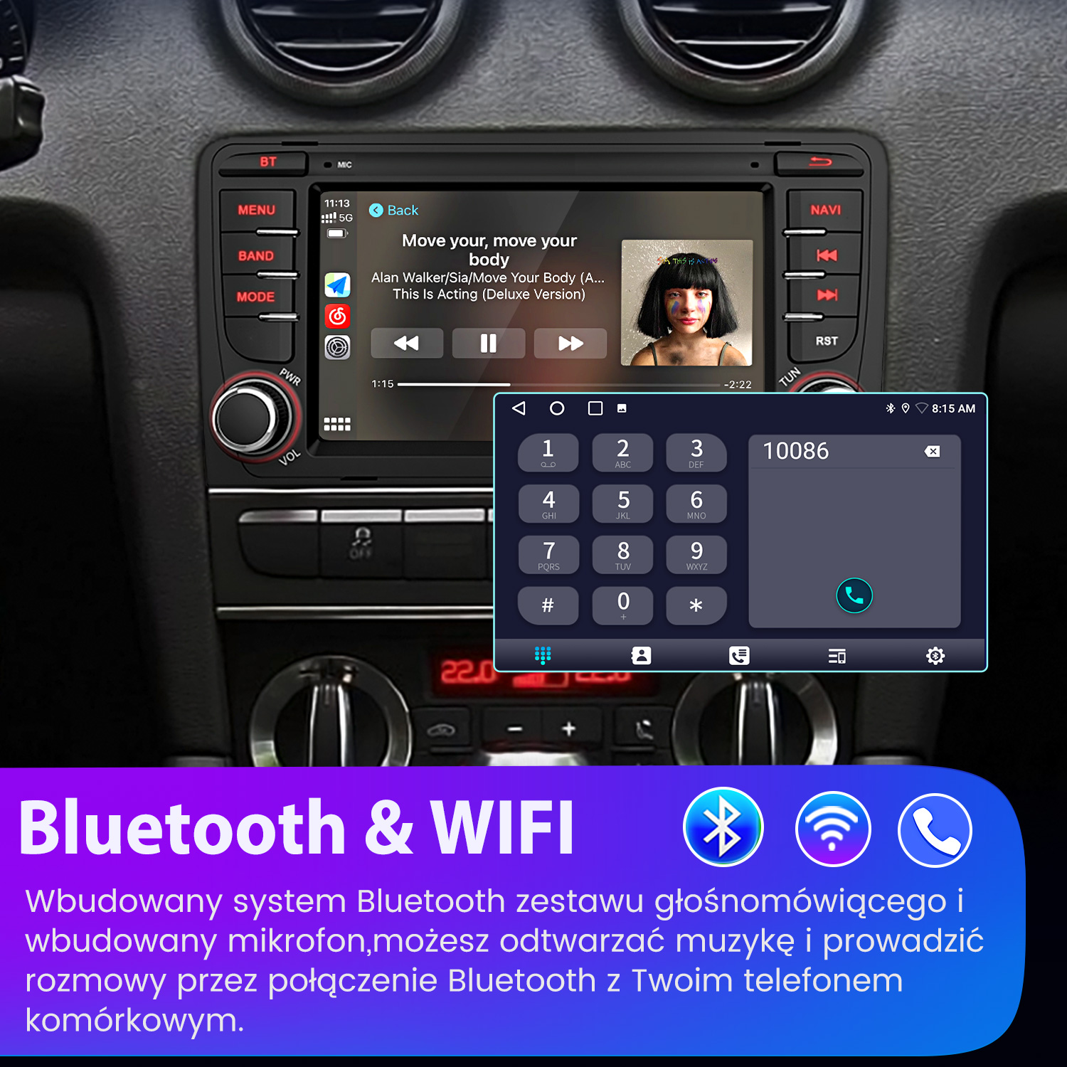 Radio samochodowe z ekranem wyświetlającym elementy sterowania muzyką i interfejs wybierania numeru telefonu. Widoczne logo Bluetooth i WiFi.